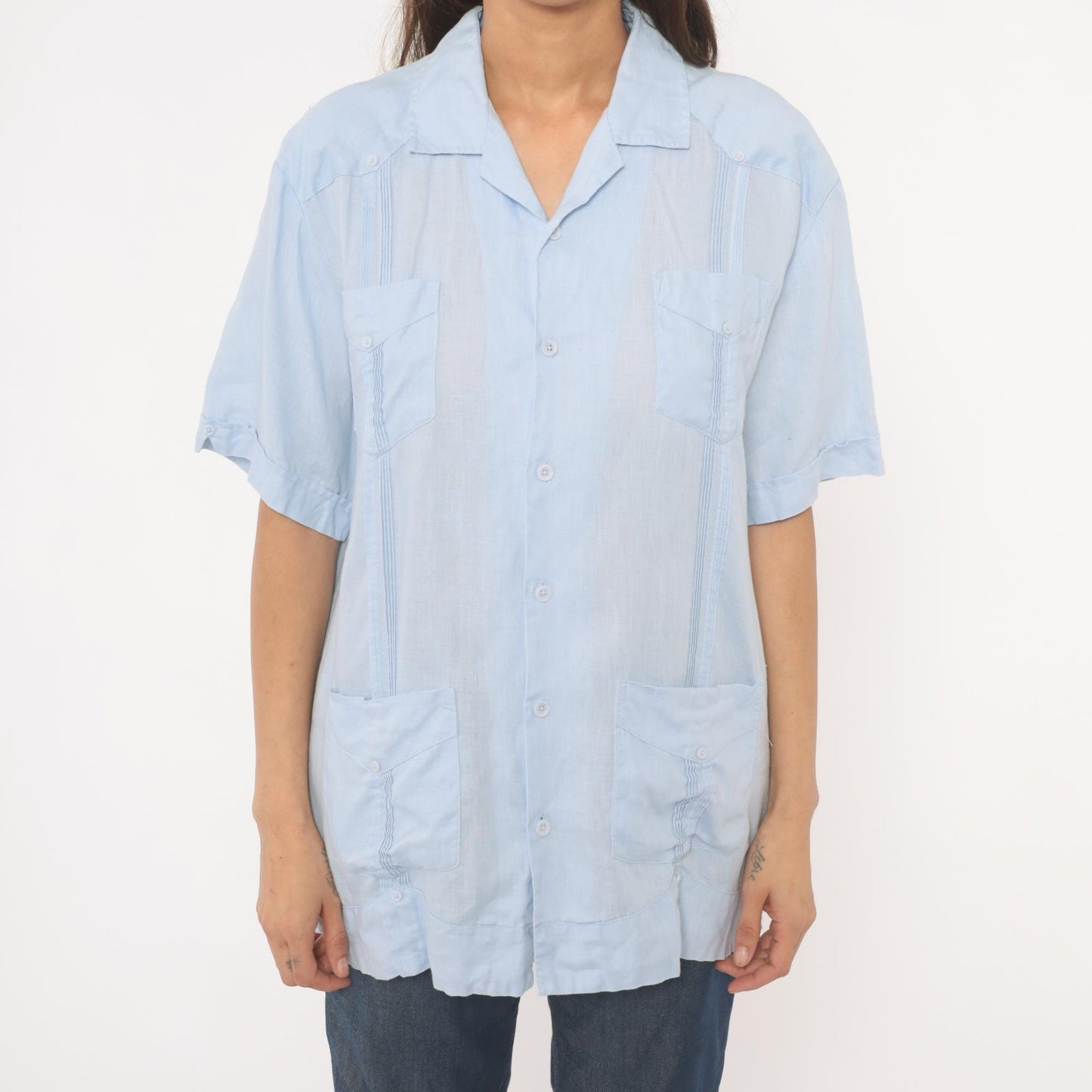 90s Cubavera Powder Blue Linen Camp Collar Shirt Medium M