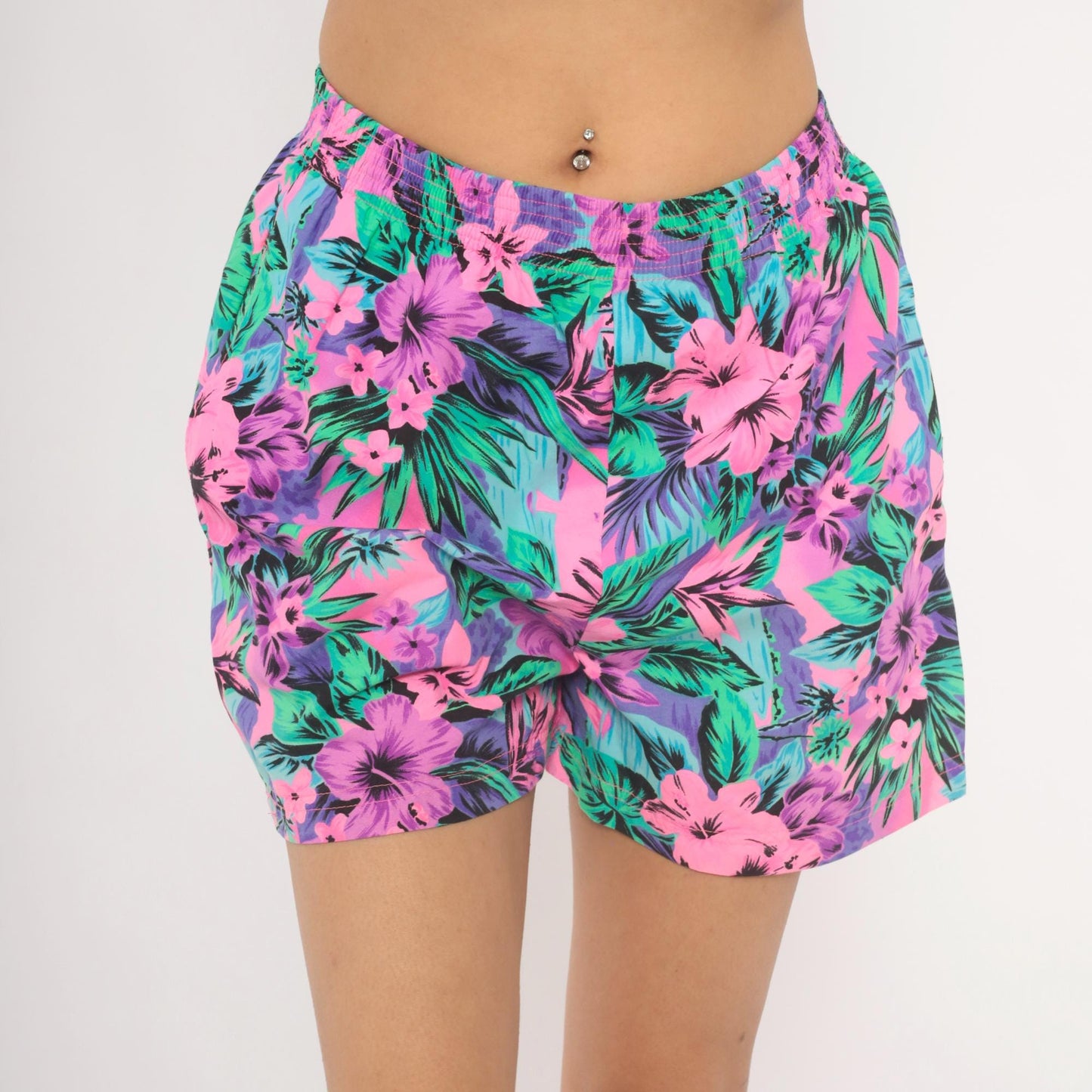 90s Op Neon Tropical Floral Shorts Pink Purple Green Hibiscus Medium M