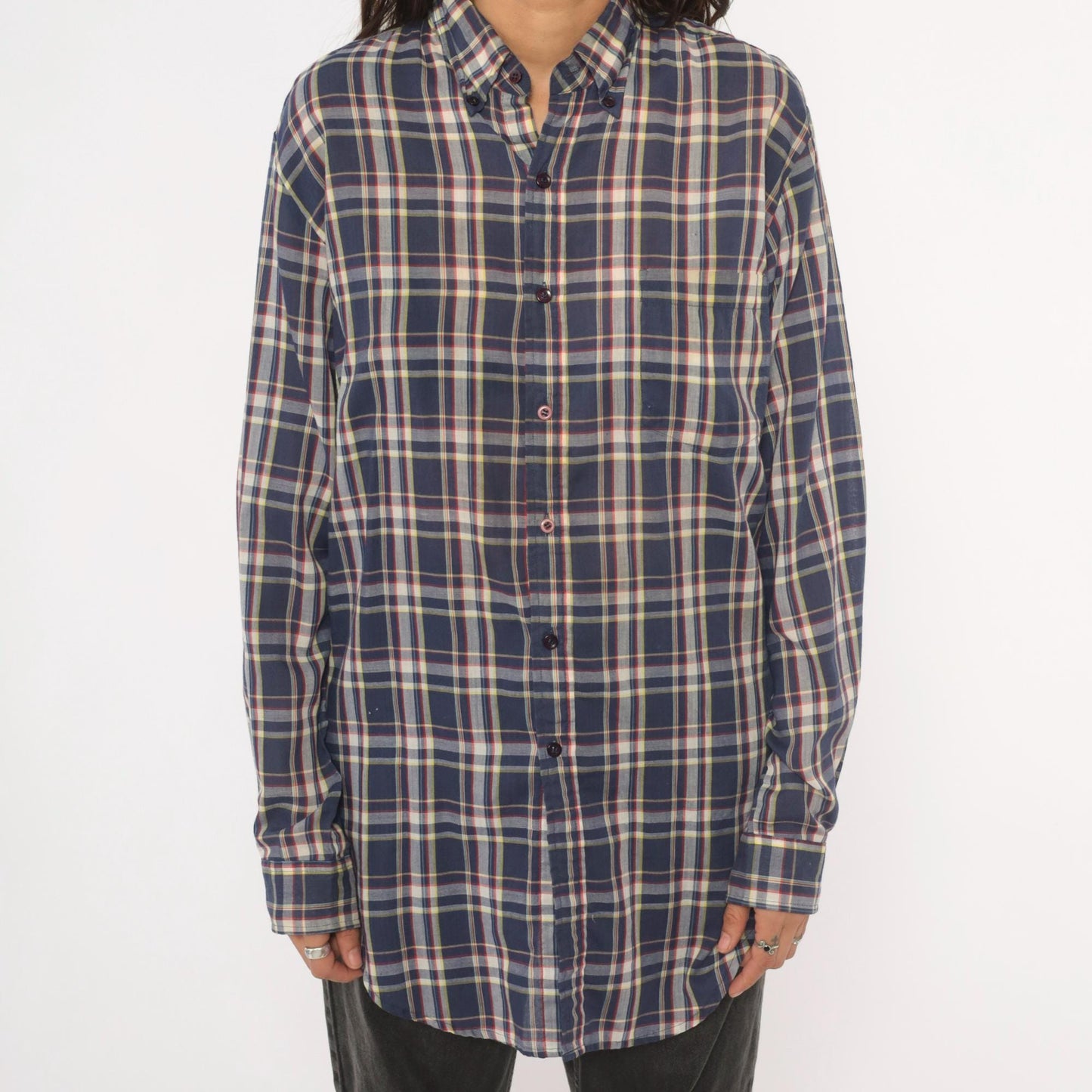 80s Men's Store Plaid Flannel Shirt Navy Blue Red Check Button Front Medium