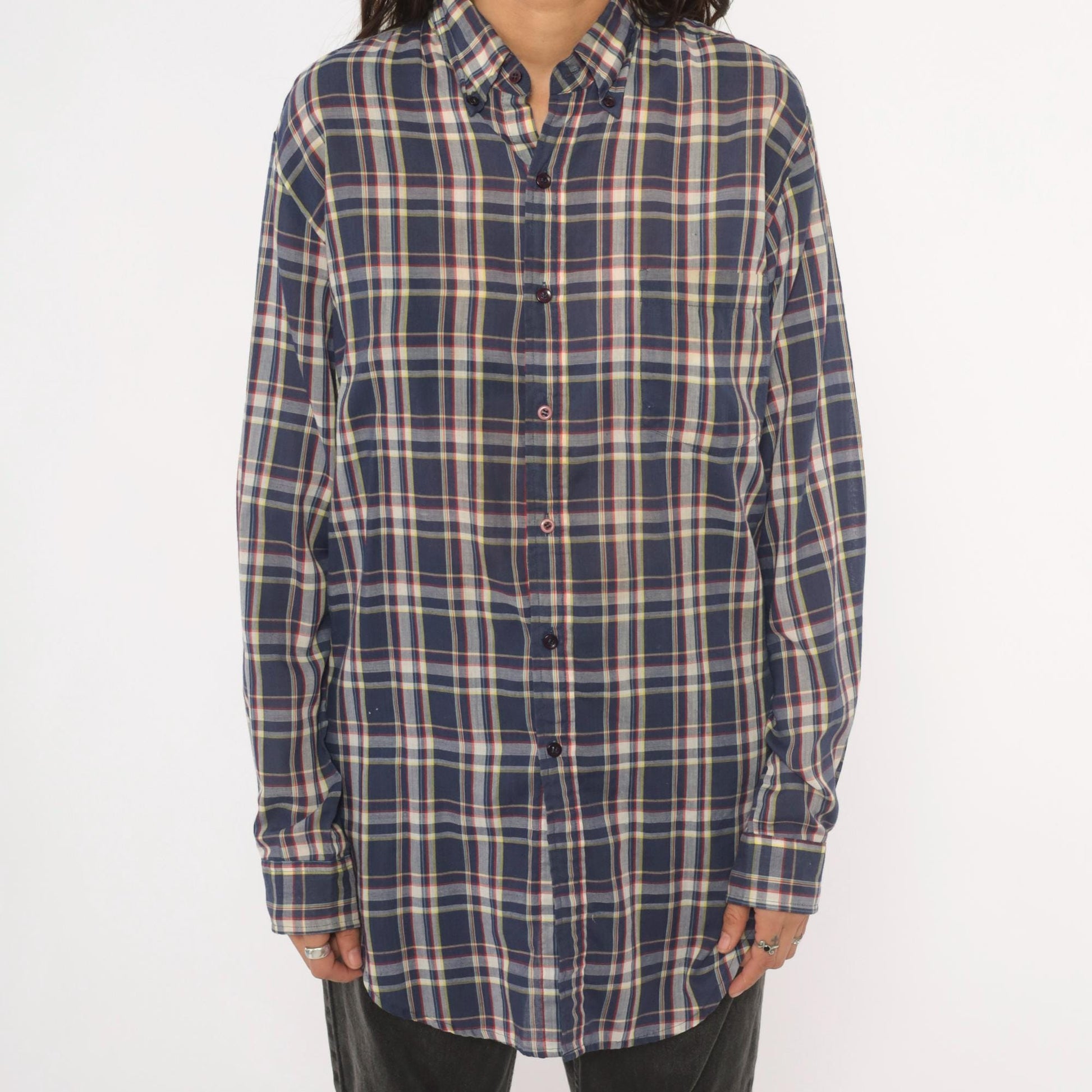 80s Men's Store Plaid Flannel Shirt Navy Blue Red Check Button Front Medium