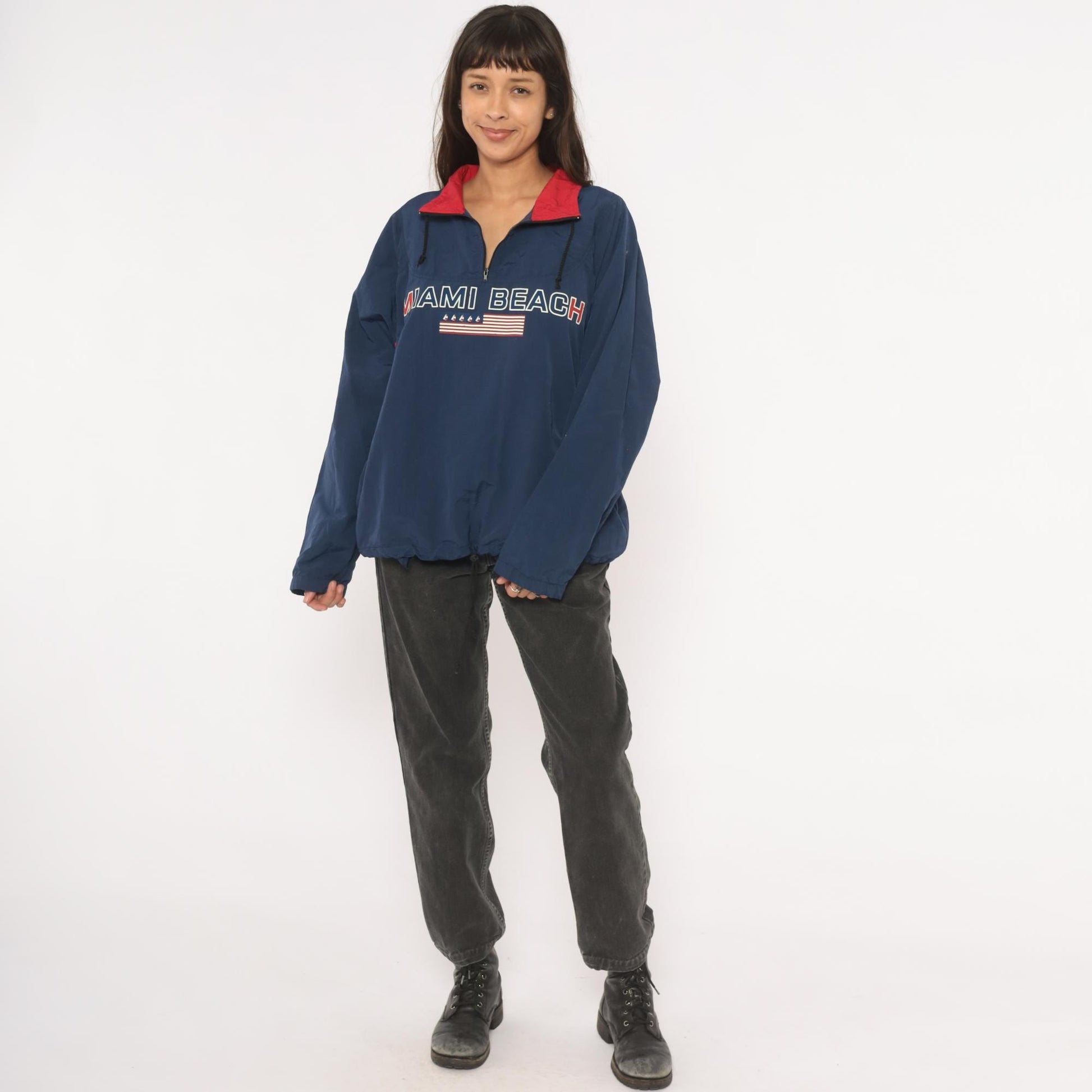 90s Uzzi Miami Beach Windbreaker Navy Half-Zip Nylon Jacket Red Collar Small