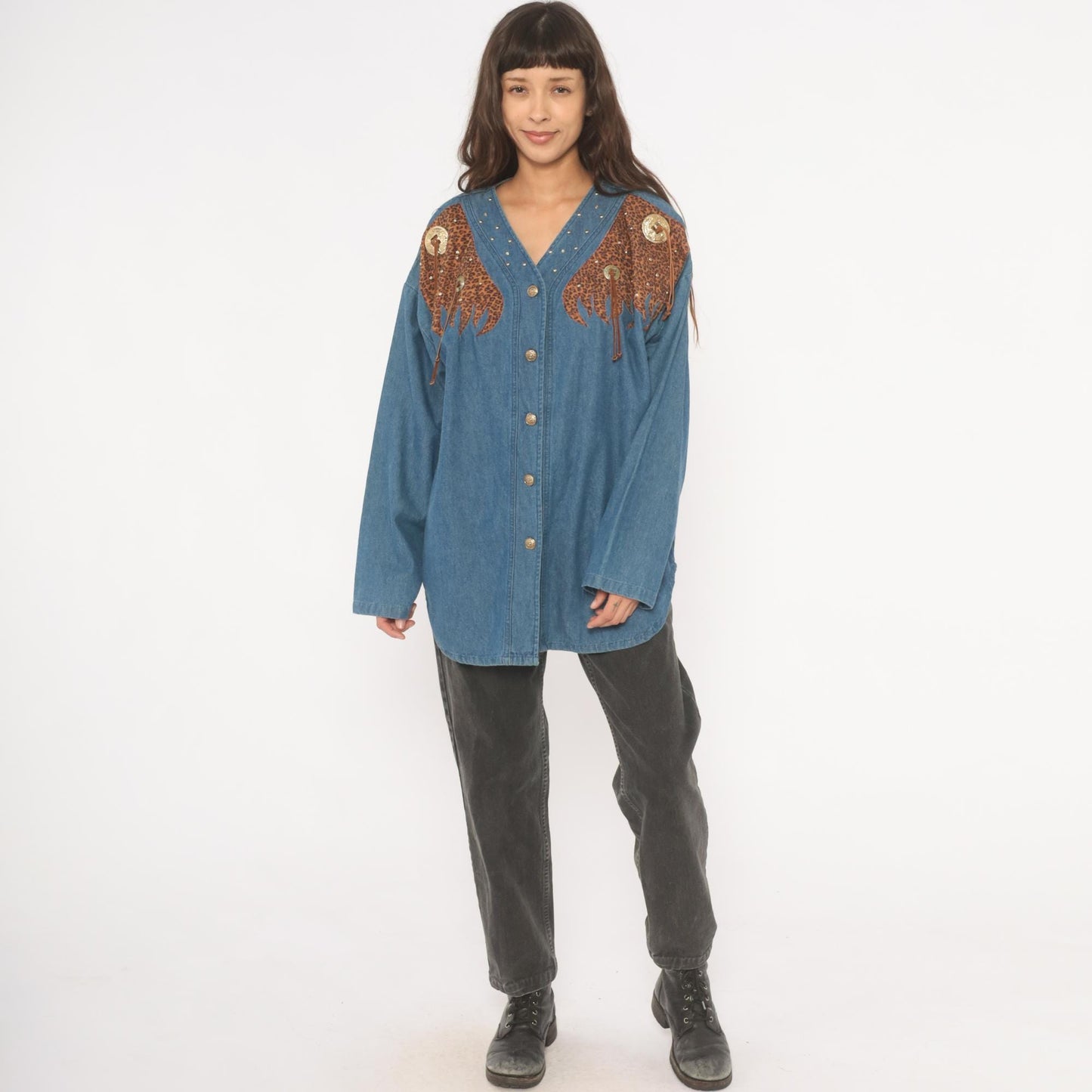 80s Western Leopard Denim Shirt Cotton Studded V-Neck Concho Fringe Large L