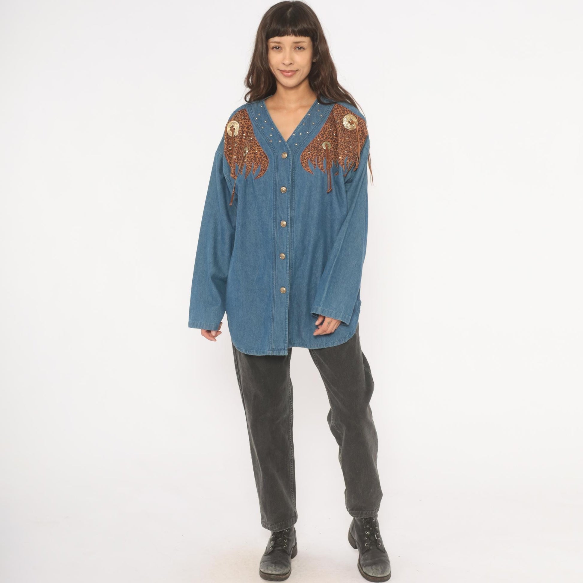 80s Western Leopard Denim Shirt Cotton Studded V-Neck Concho Fringe Large L