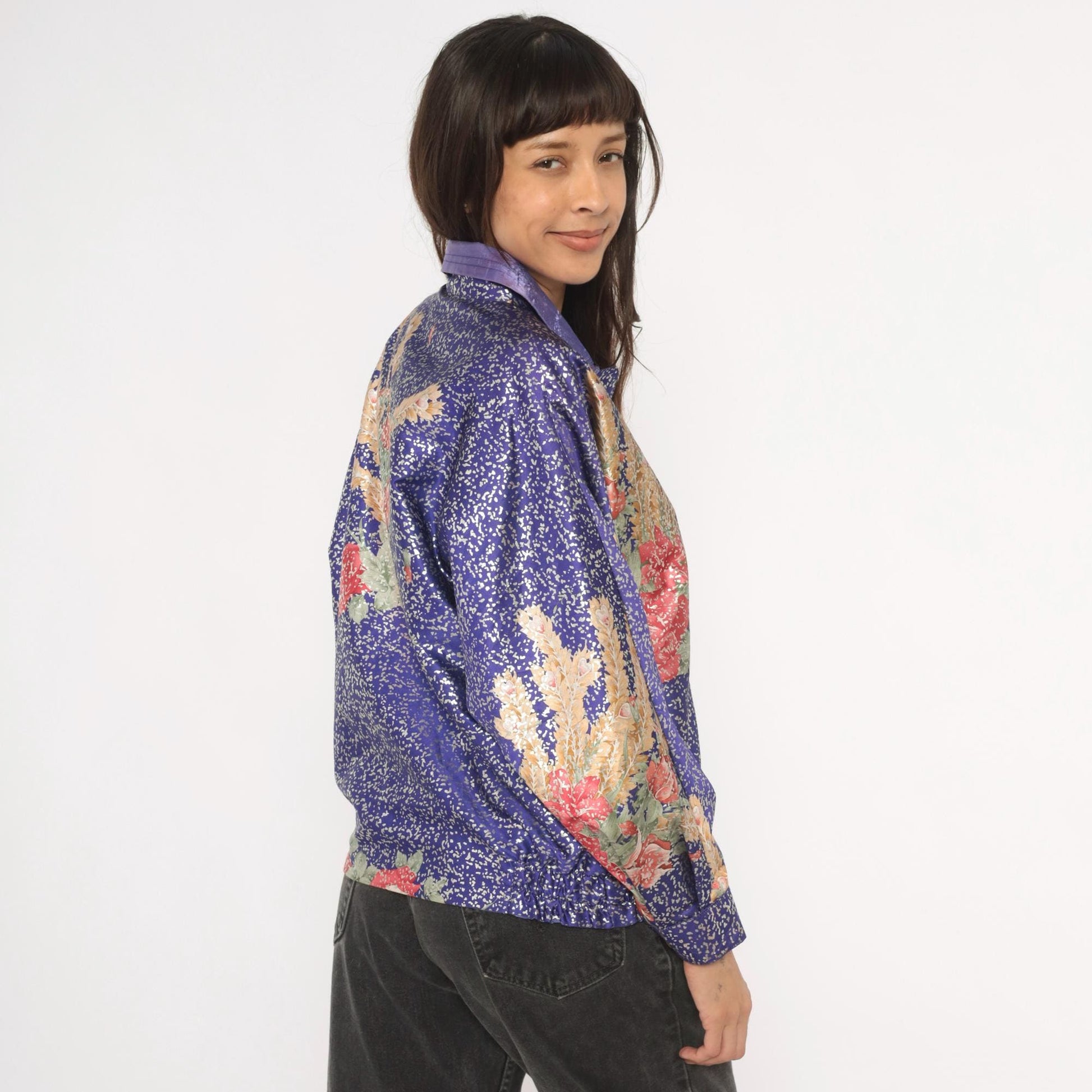 90s GDT Too Floral Metallic Bomber Jacket Purple Gold Reversible Satin Small Medium