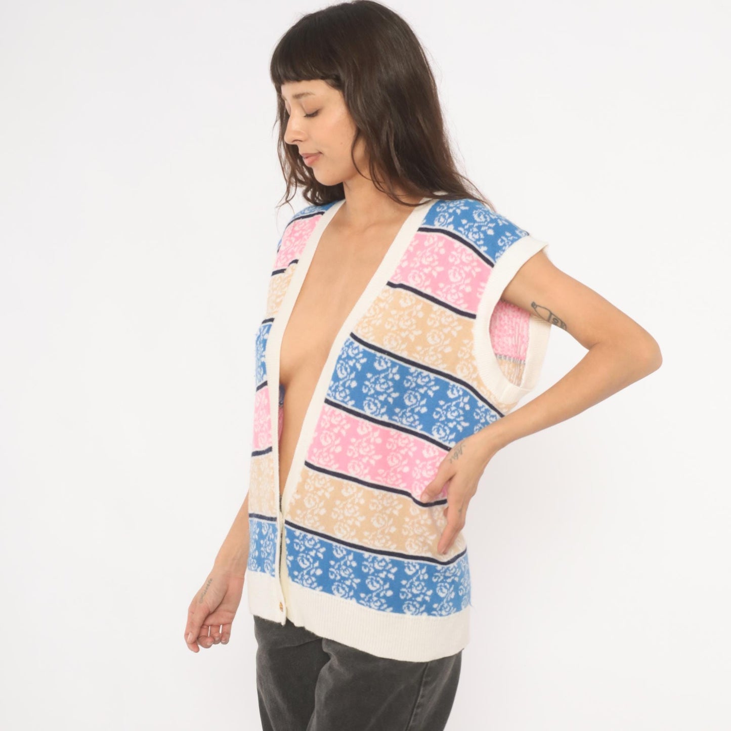 80s Floral Striped Sweater Vest V-Neck Knit Rose Print Blue Pink Cream Large