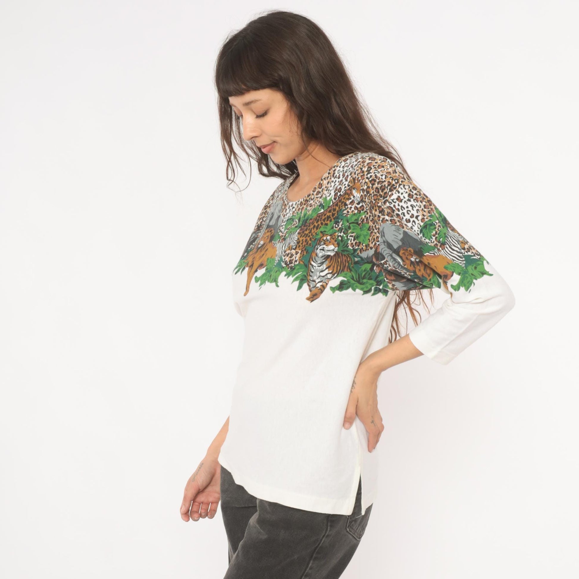 90s Enchante Sport Safari Animal Print Top Jungle Wildlife Cream Medium M