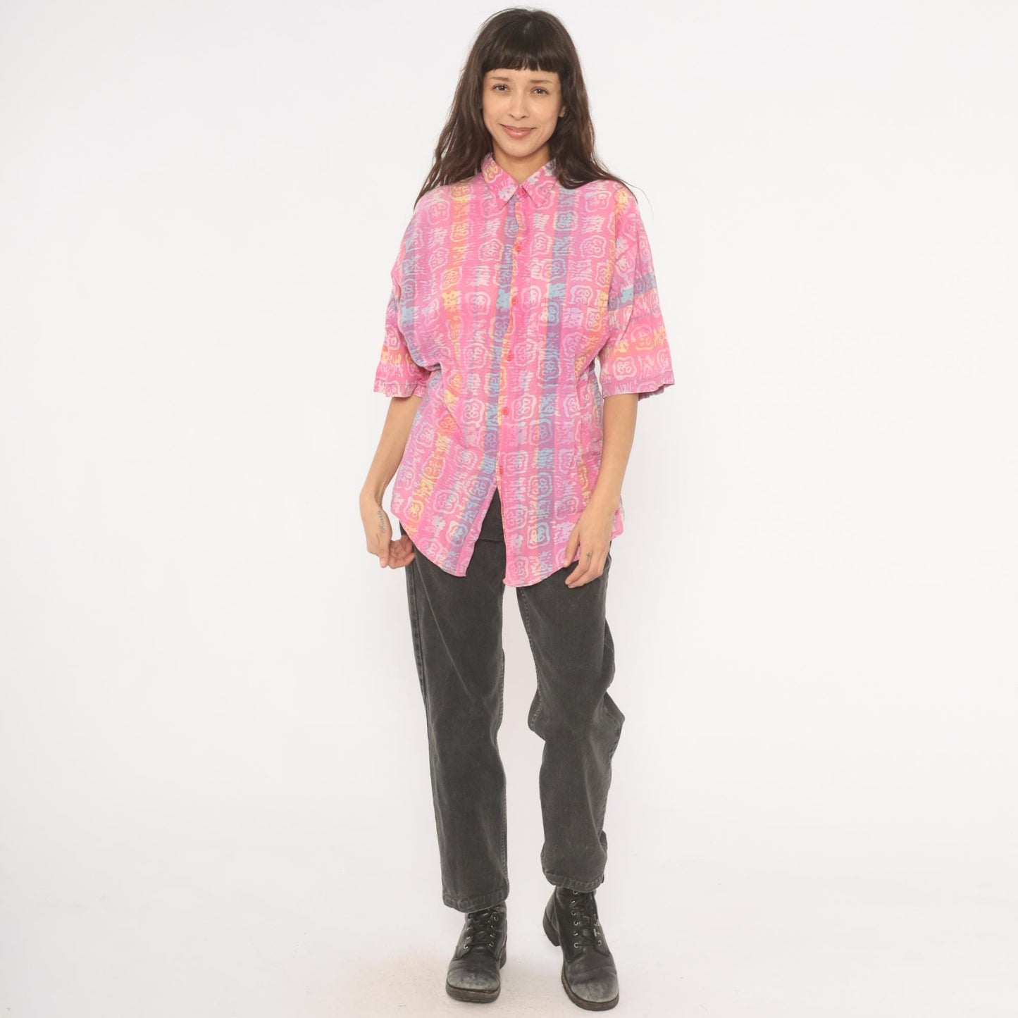 90s Body Objects Batik Print Button-Up Shirt Pink Multicolor Abstract Large L
