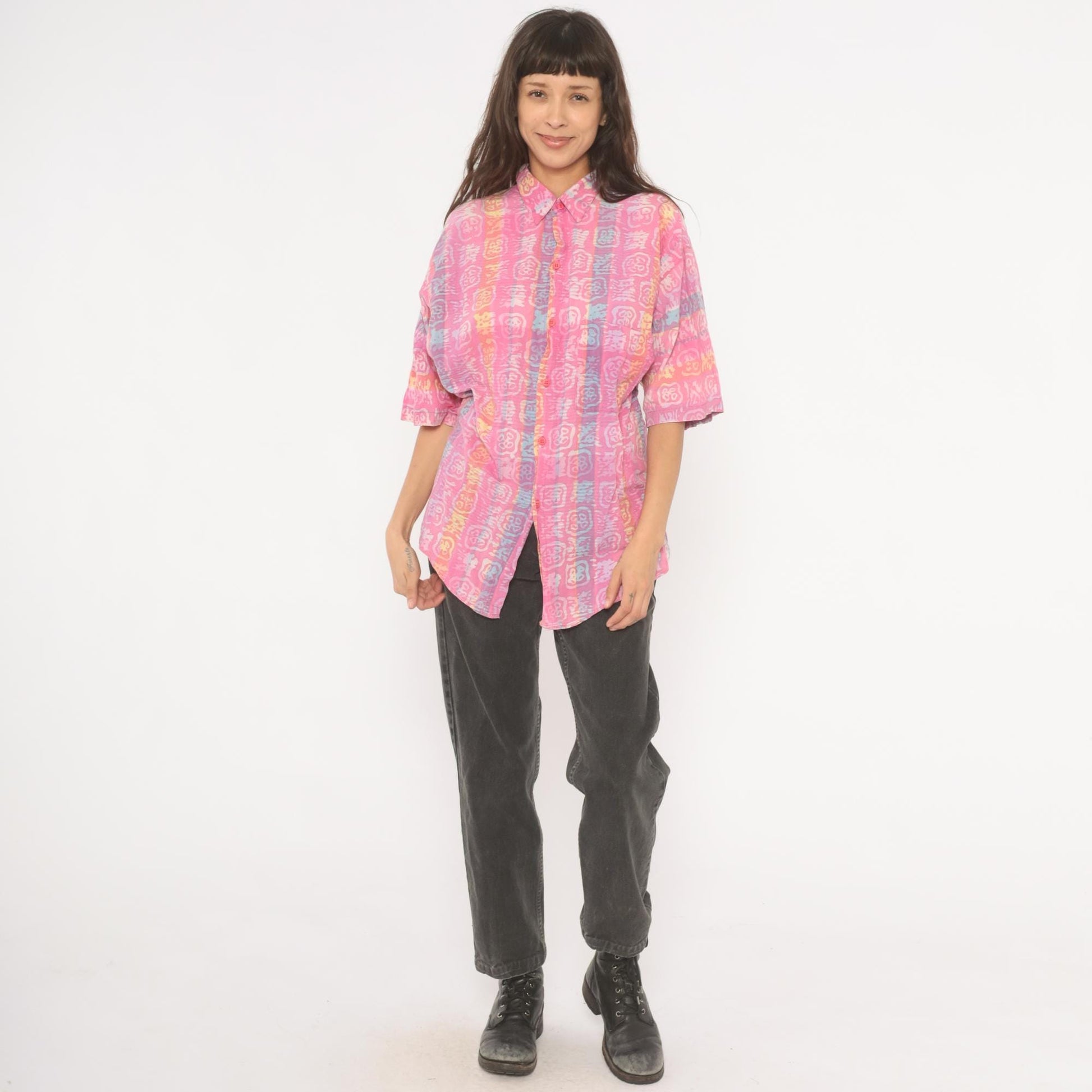 90s Body Objects Batik Print Button-Up Shirt Pink Multicolor Abstract Large L