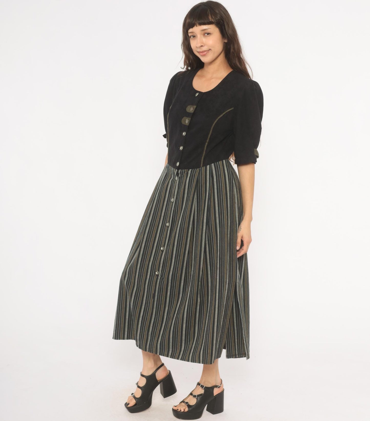 90s Folk Line Dirndl Dress Black Olive Striped Midi Puff Sleeve Extra Large