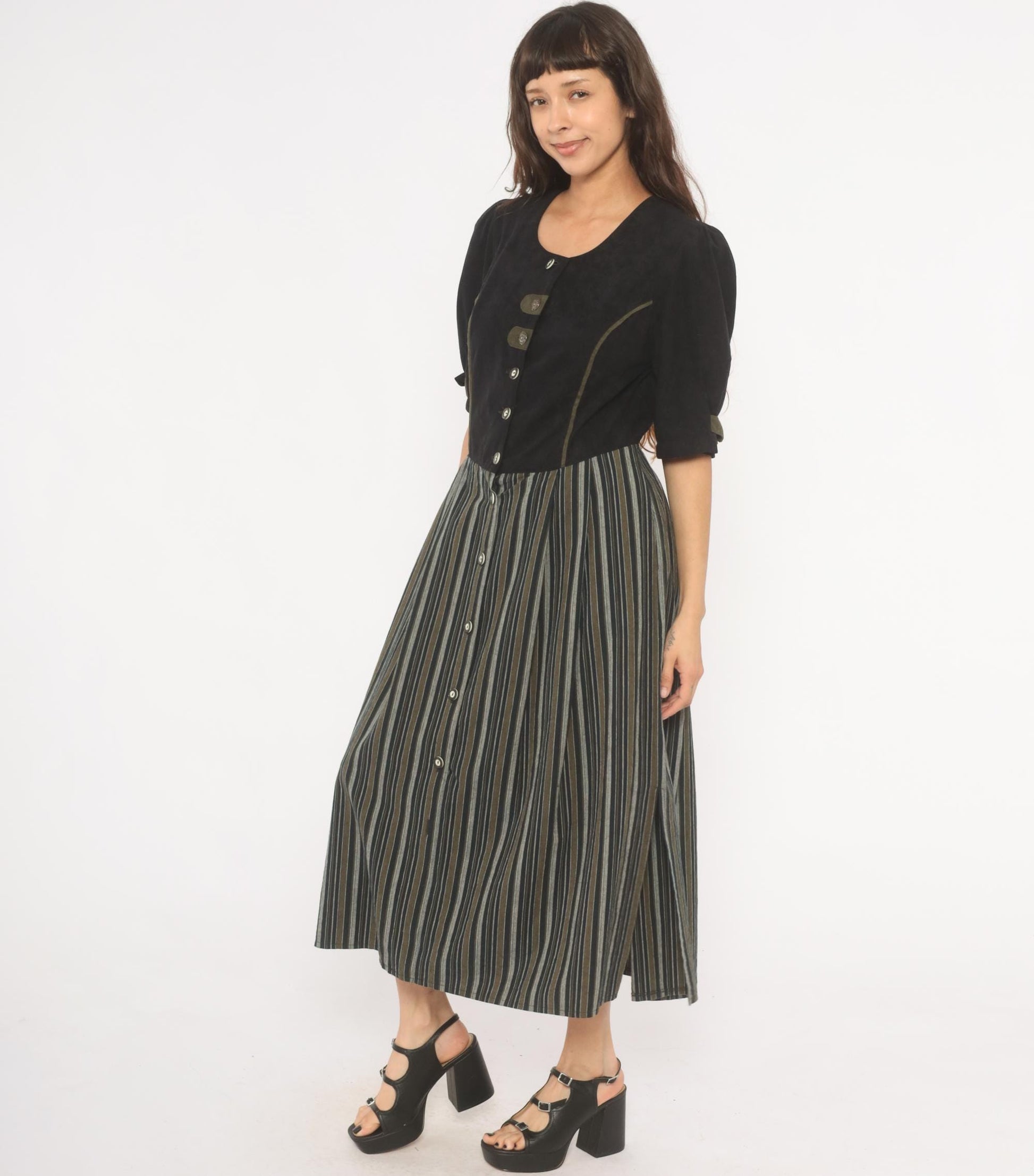 90s Folk Line Dirndl Dress Black Olive Striped Midi Puff Sleeve Extra Large