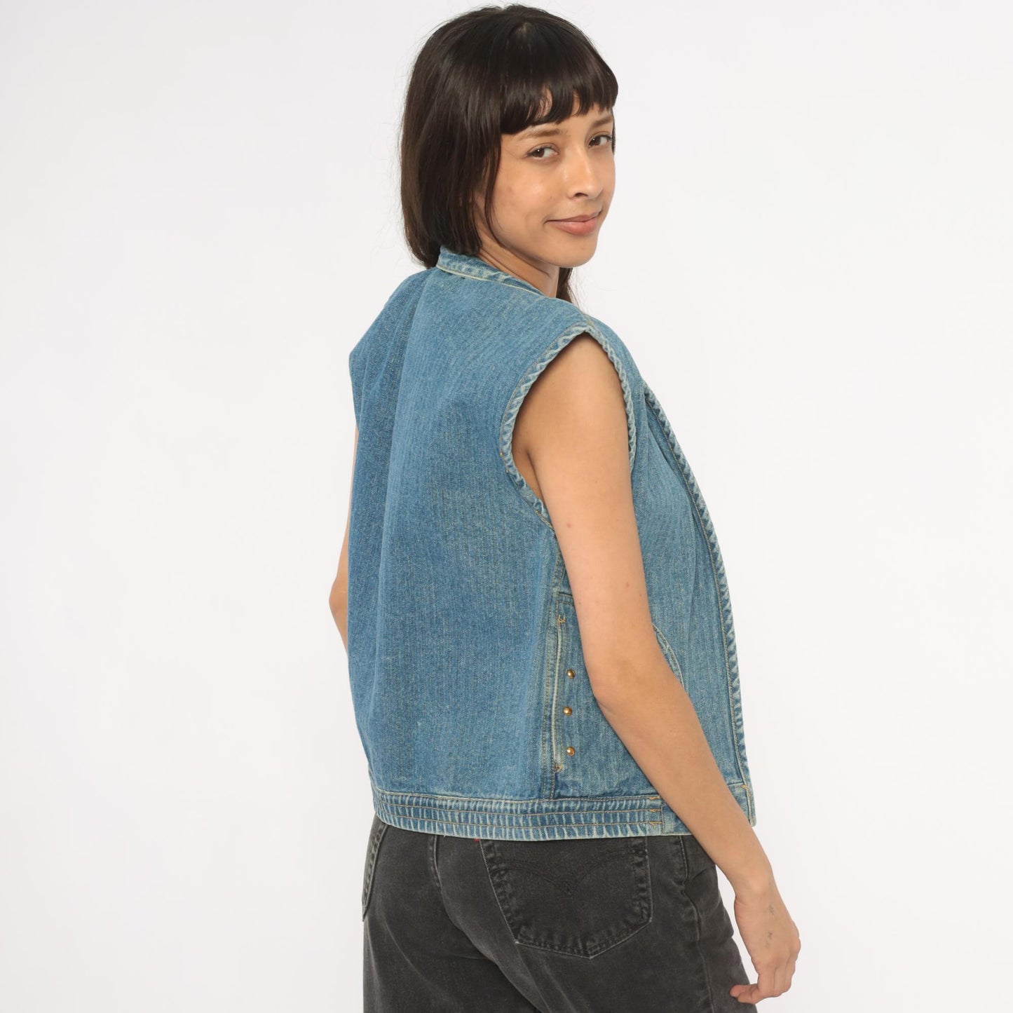 90s Jordache Reversible Denim Vest Pinstripe Blue White Mandarin Collar Small S