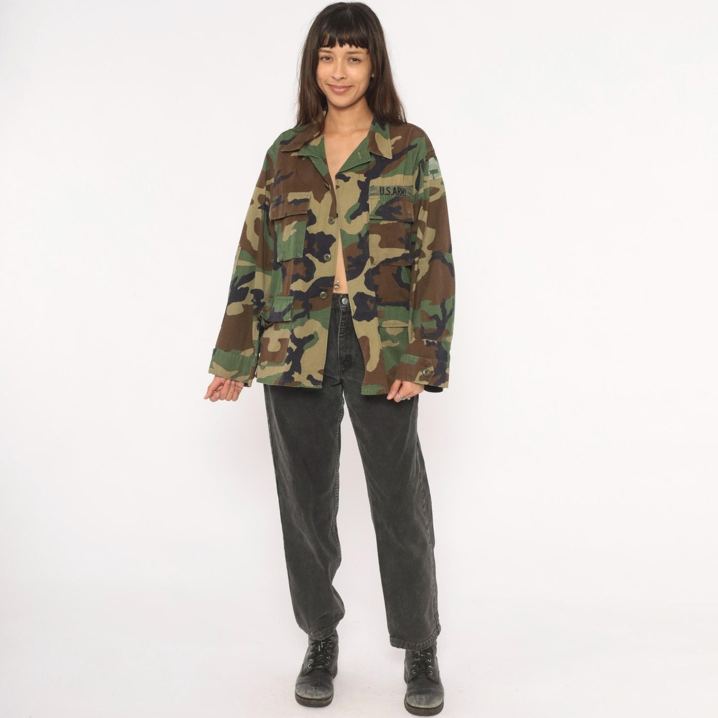 90s U.S. Army BDU Woodland Camouflage Button-Front Shirt Medium M
