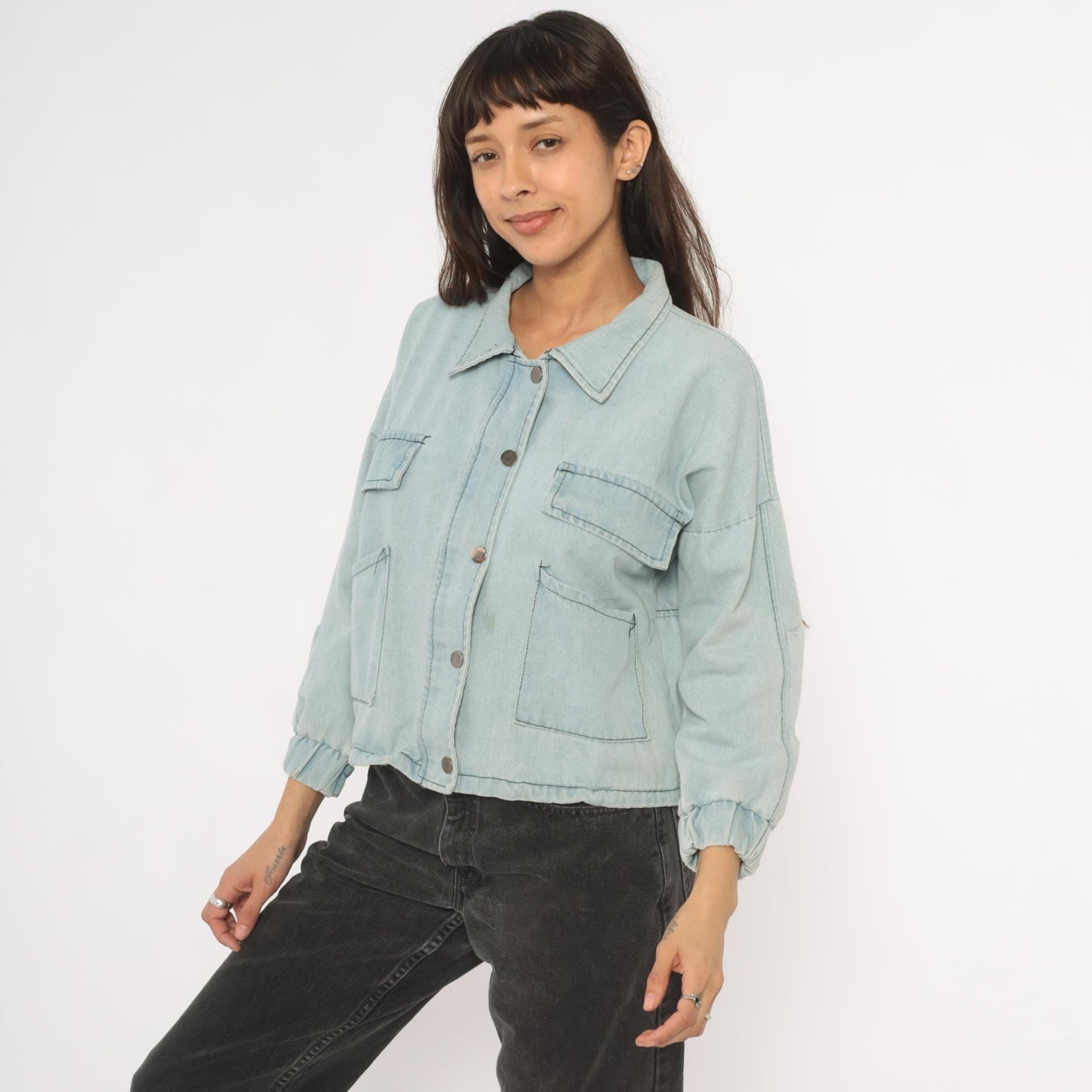 2000s Wang Luo Niu Za Light Wash Denim Crop Jacket Powder Blue Small S