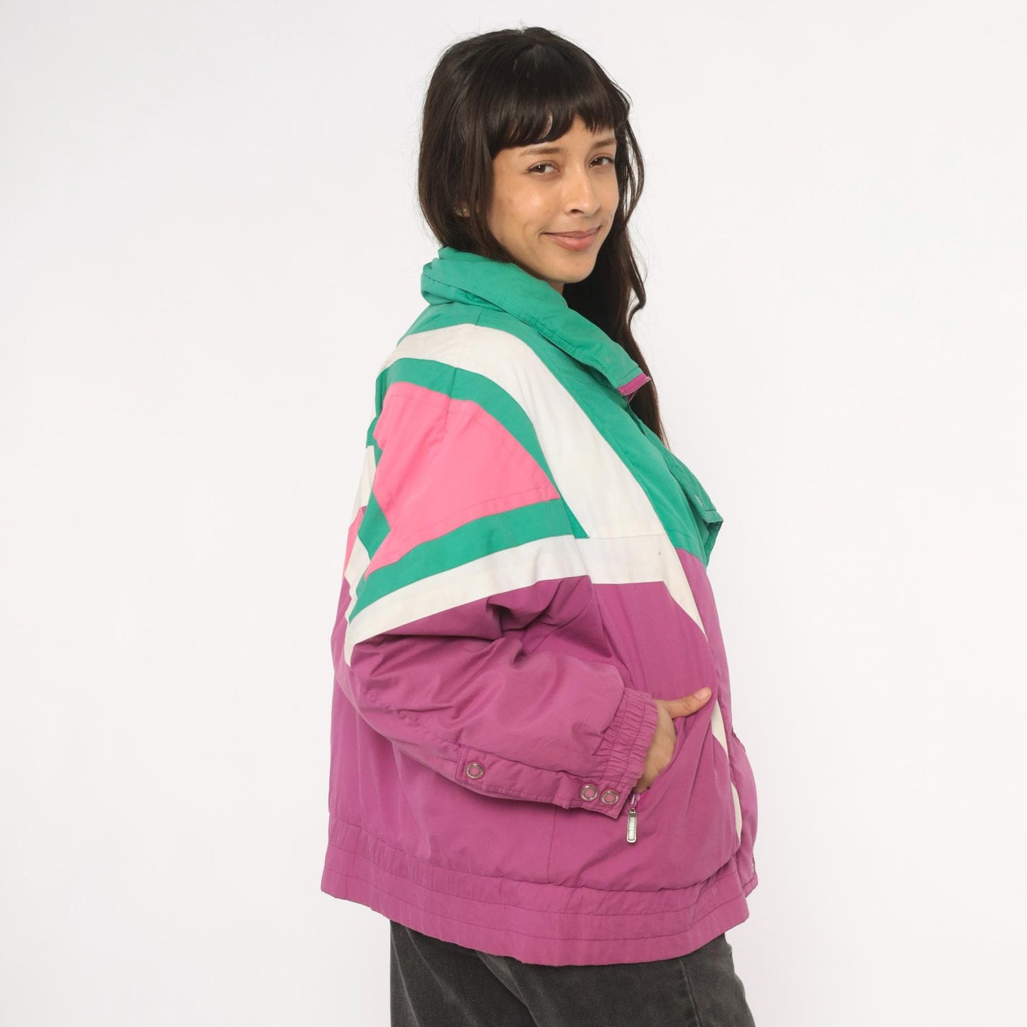 90s Kaos Ski Jacket Colorblock Teal Pink Purple Geometric Puffer Large L