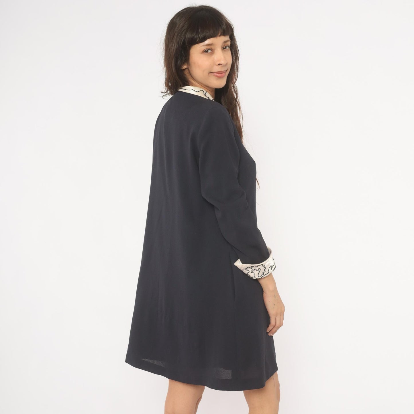 90s Navy Coat Dress Embroidered Ivory Collar White Dome Buttons Medium M