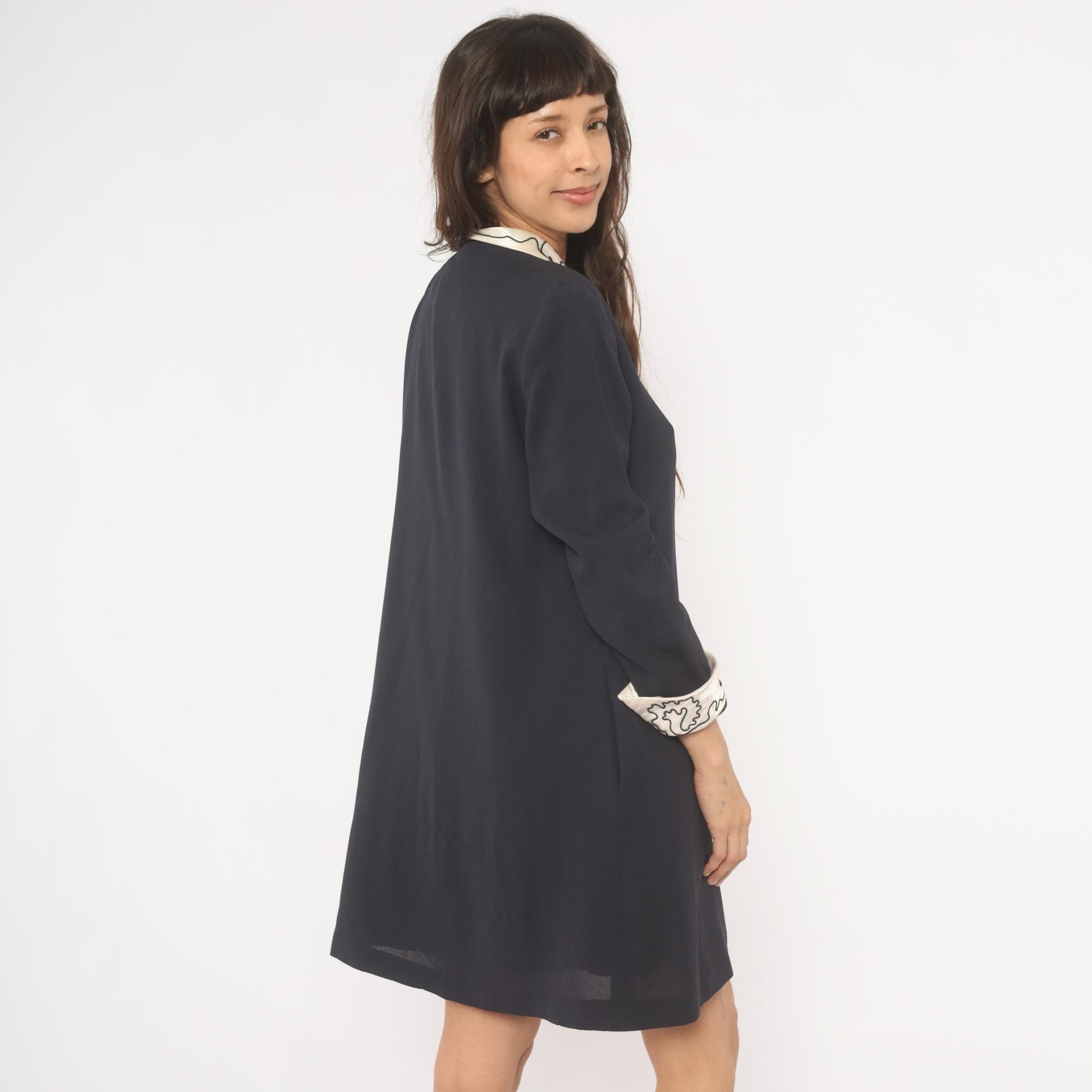 90s Navy Coat Dress Embroidered Ivory Collar White Dome Buttons Medium M