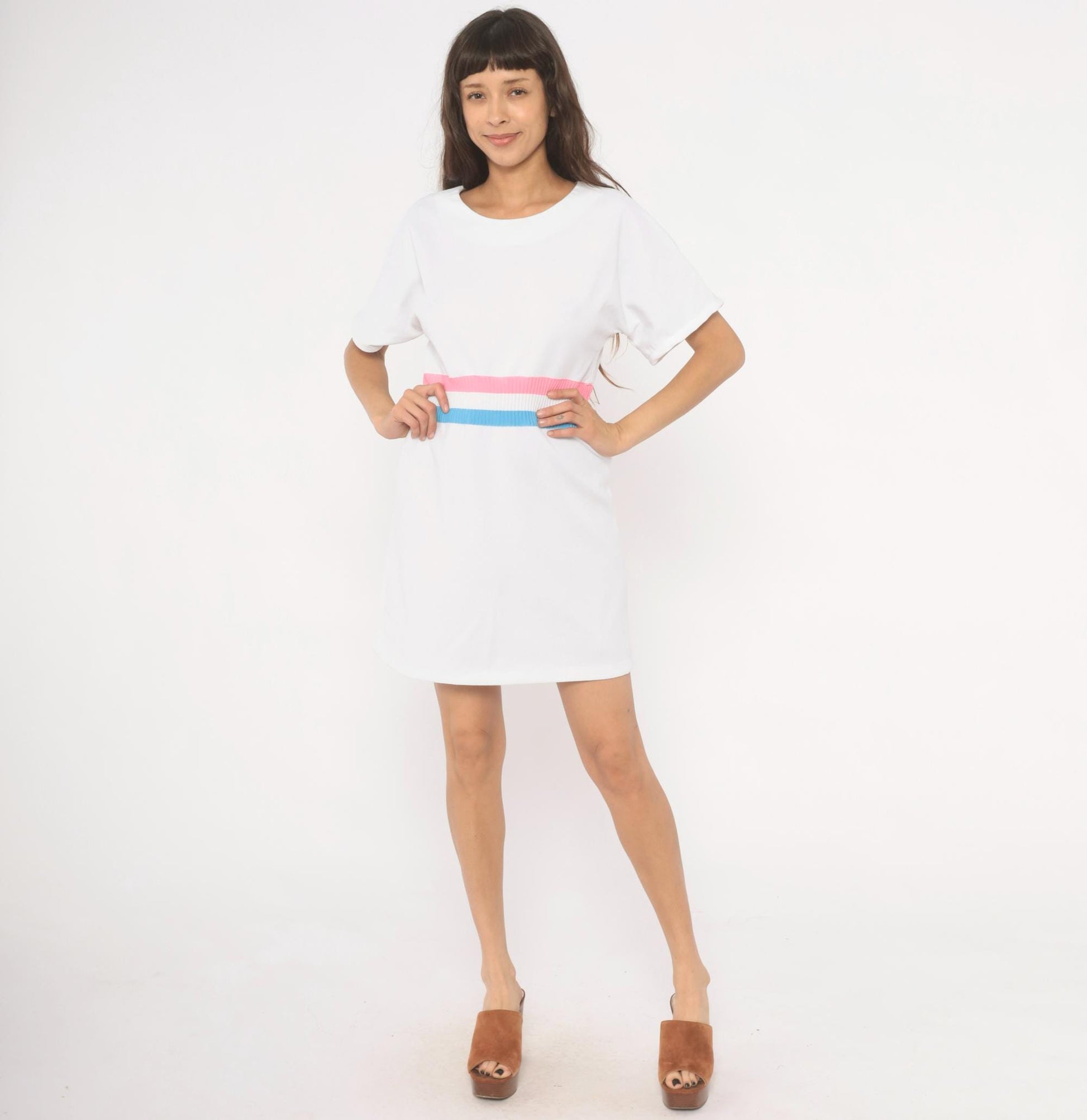 70s White Striped Ribbed Knit Pullover Dress Pink Blue A-Line Knee Length Large L