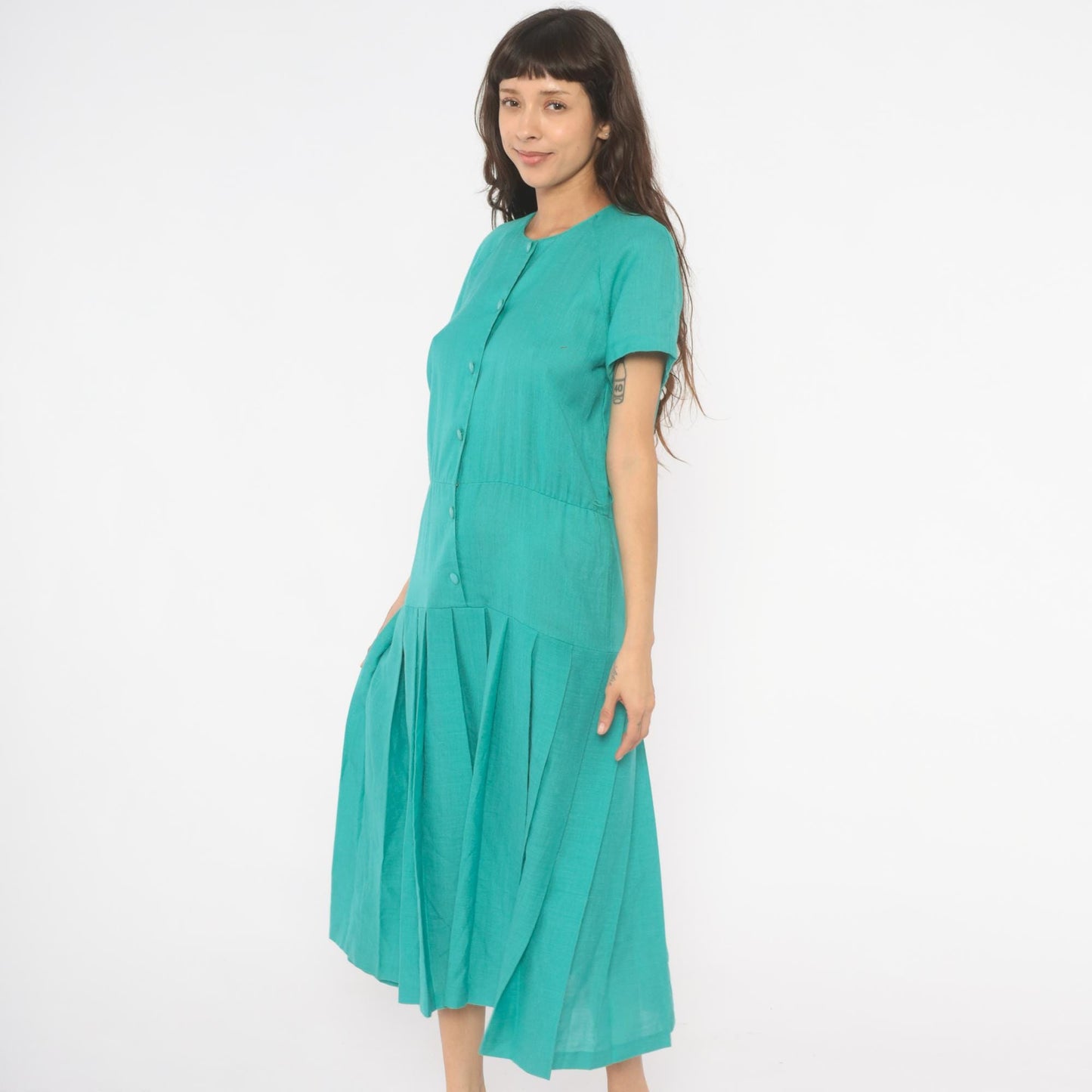 80s Sabino Teal Midi Dress Button Front Drop Waist Pleated Raglan Large L