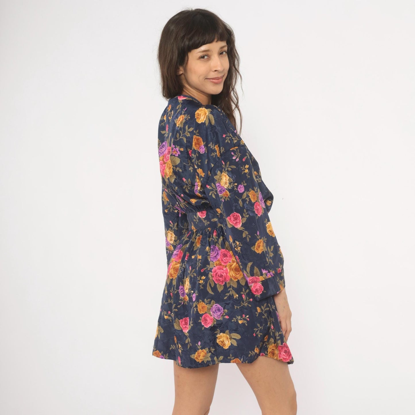90s M.T. Morgan Taylor Navy Floral Kimono Robe Mini Wrap Tie Front Medium Large
