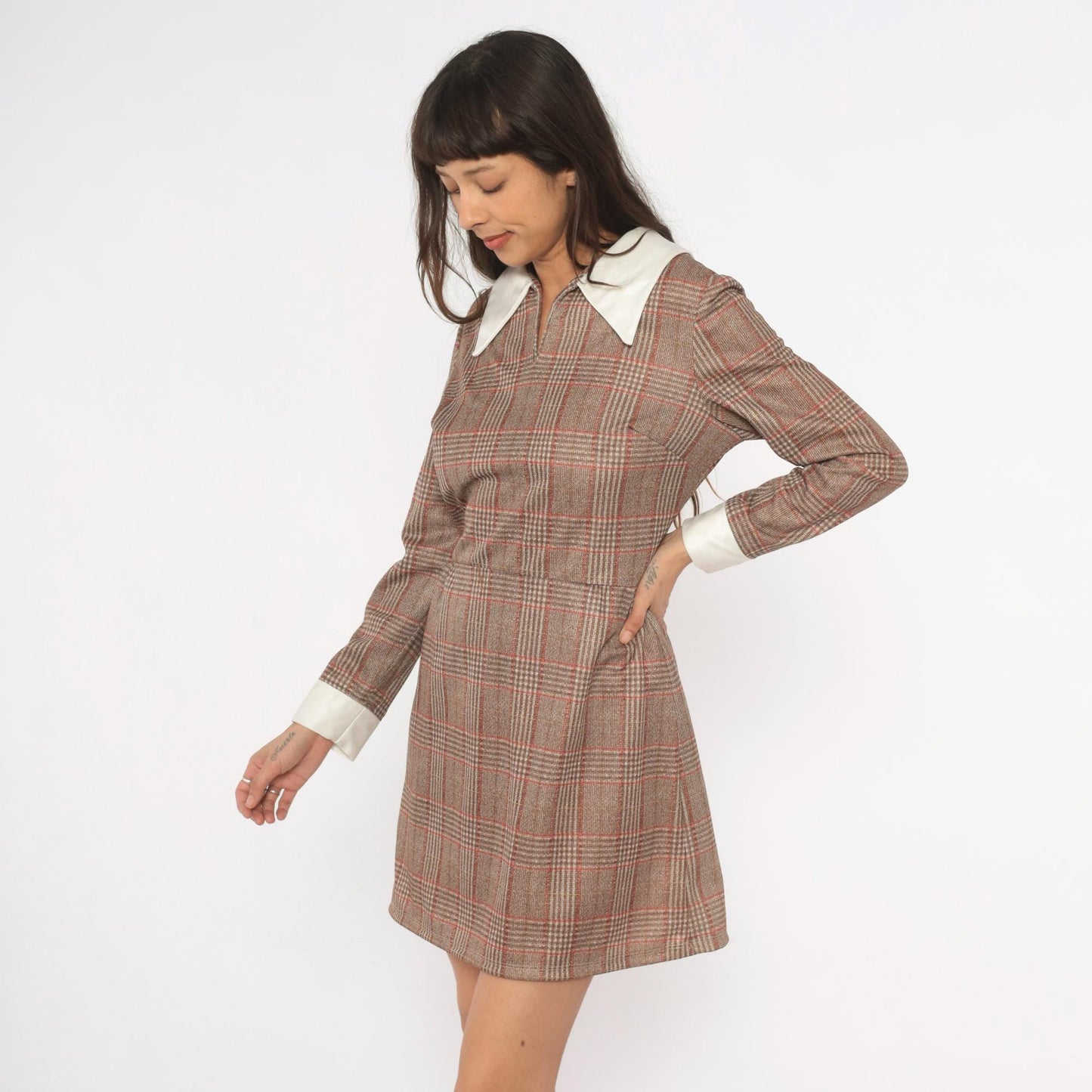 70s Glen Plaid Mini Dress Tan Rust Brown Pointed Collar Long Sleeve Medium M