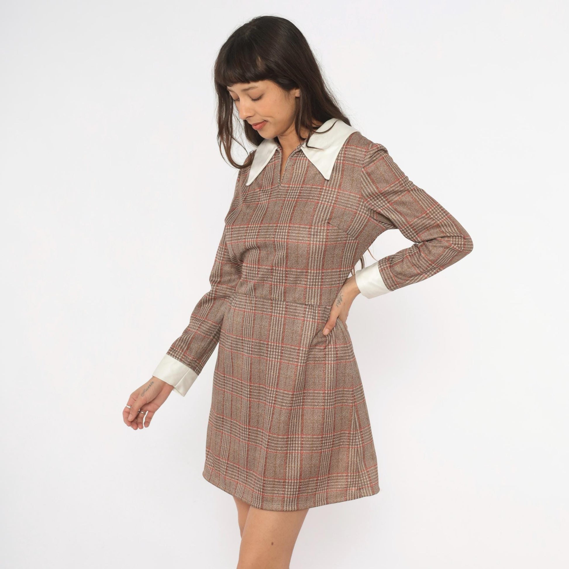 70s Glen Plaid Mini Dress Tan Rust Brown Pointed Collar Long Sleeve Medium M