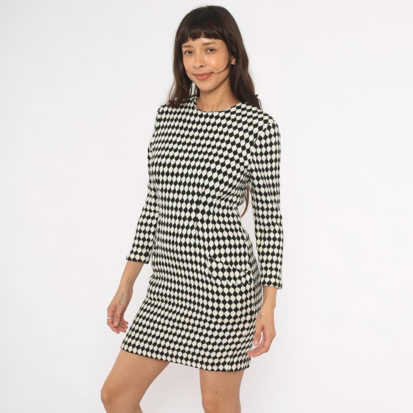 90s Jackie Bernard Checkerboard Mini Dress Black Cream Diamond Pattern Small S