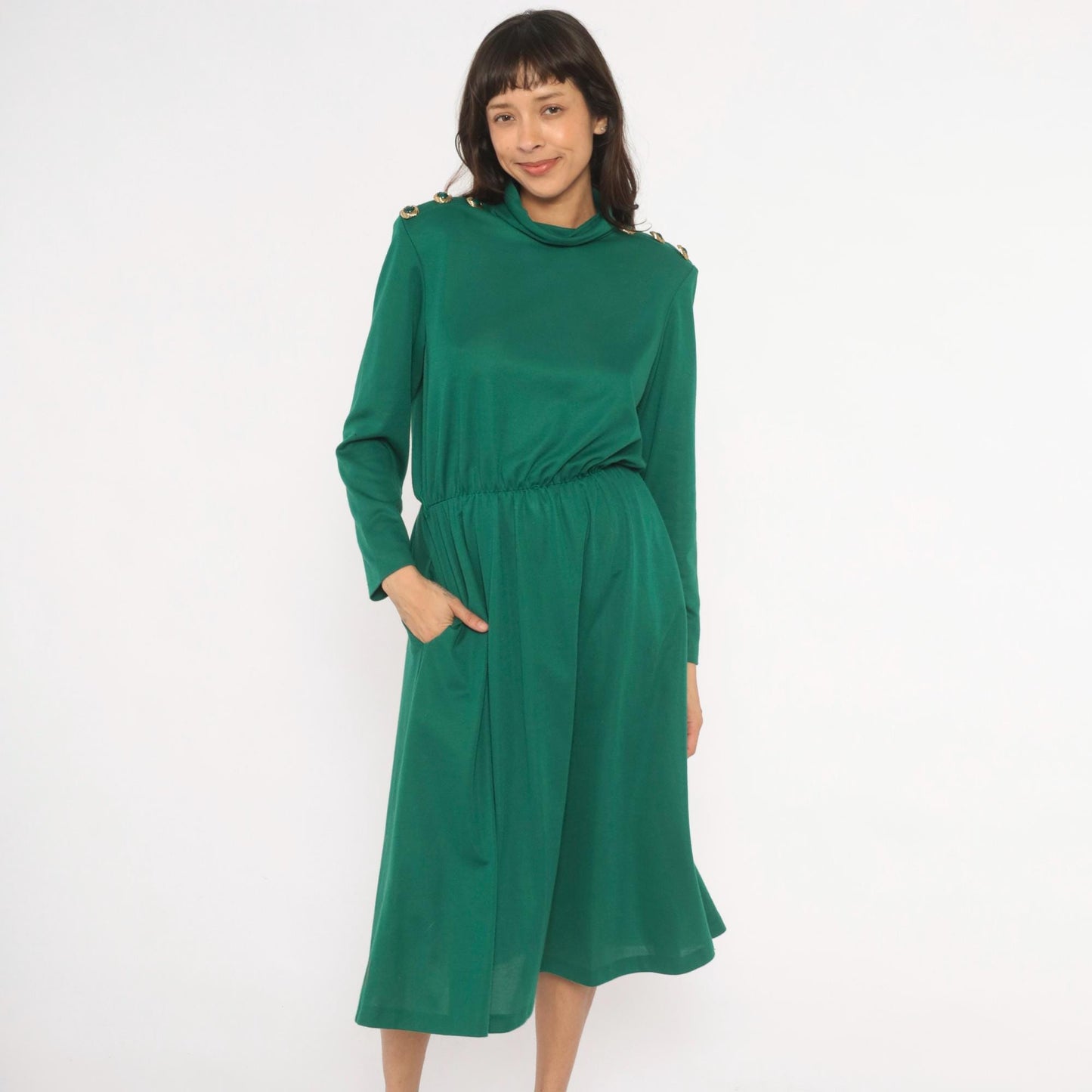 80s Impromptu Emerald Cowl Neck Midi Dress Gold Button Long Sleeve Large L