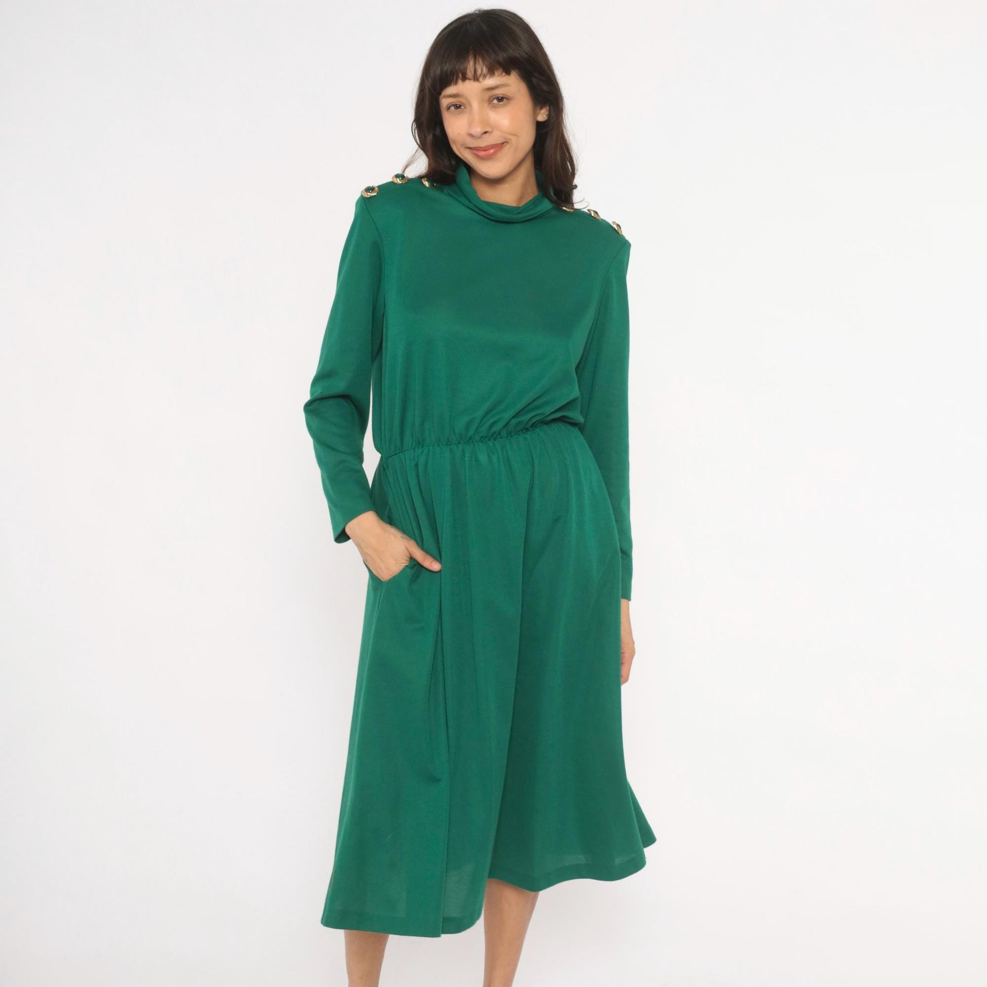 80s Impromptu Emerald Cowl Neck Midi Dress Gold Button Long Sleeve Large L