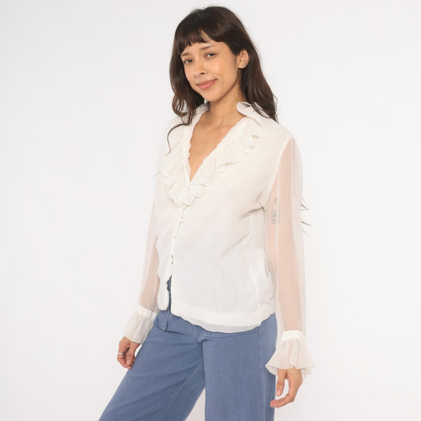 70s Gregory Ruffle Collar Blouse Ivory V-Neck Button Front Sheer Sleeve Medium
