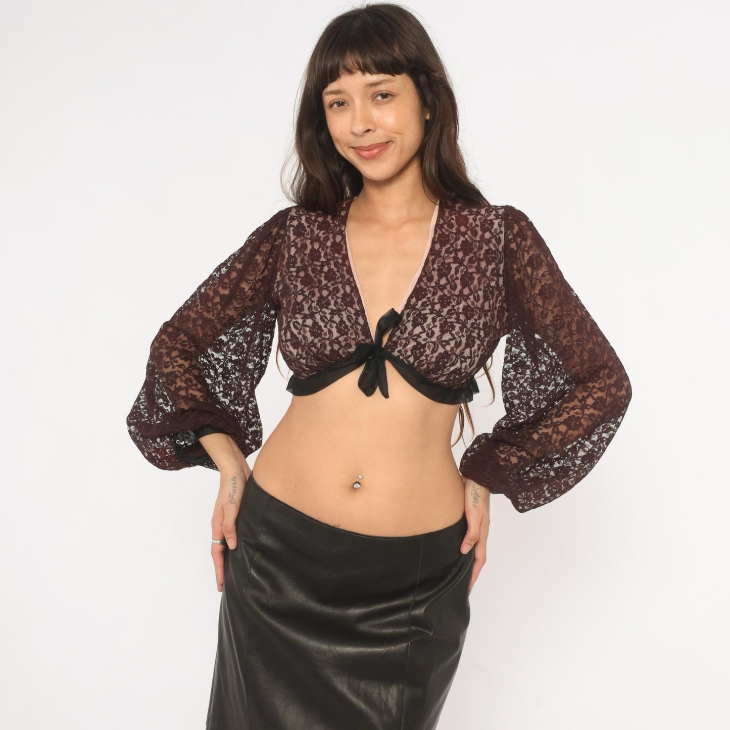 70s Rovel of California Black Lace Crop Top Tie Front Deep V Neck Bishop Sleeve Small