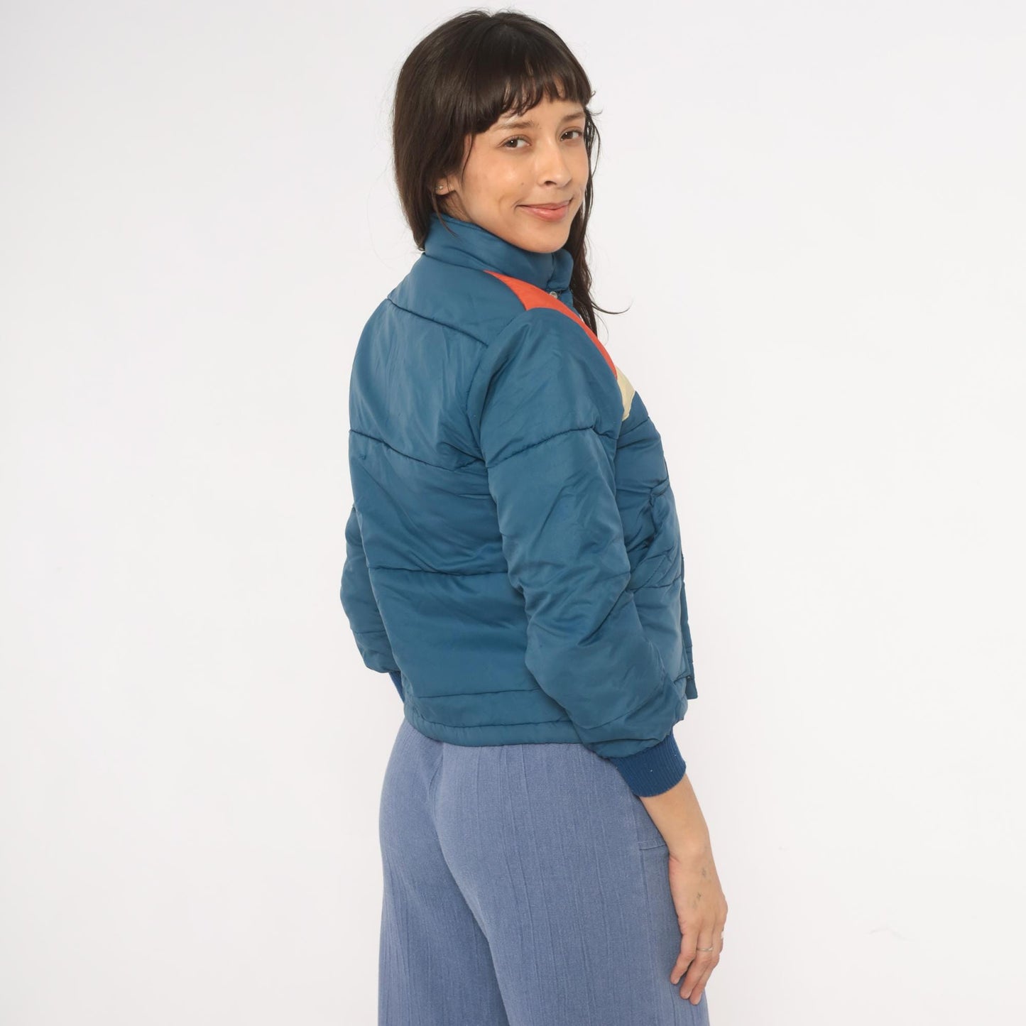 70s Navy Orange Cream Chevron Puffer Jacket Quilted Bomber Ski Coat XS