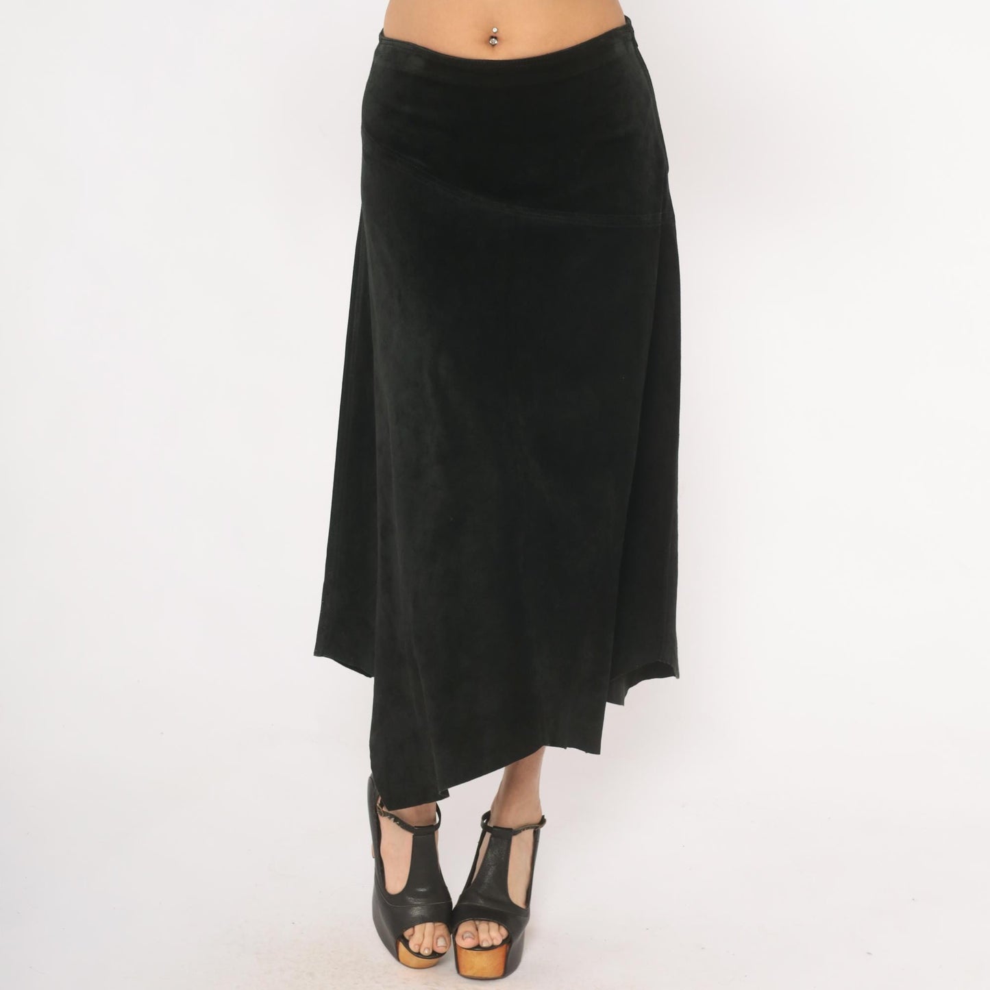 90s Provence Black Suede Midi Skirt Asymmetrical Handkerchief Hem High Waist Small