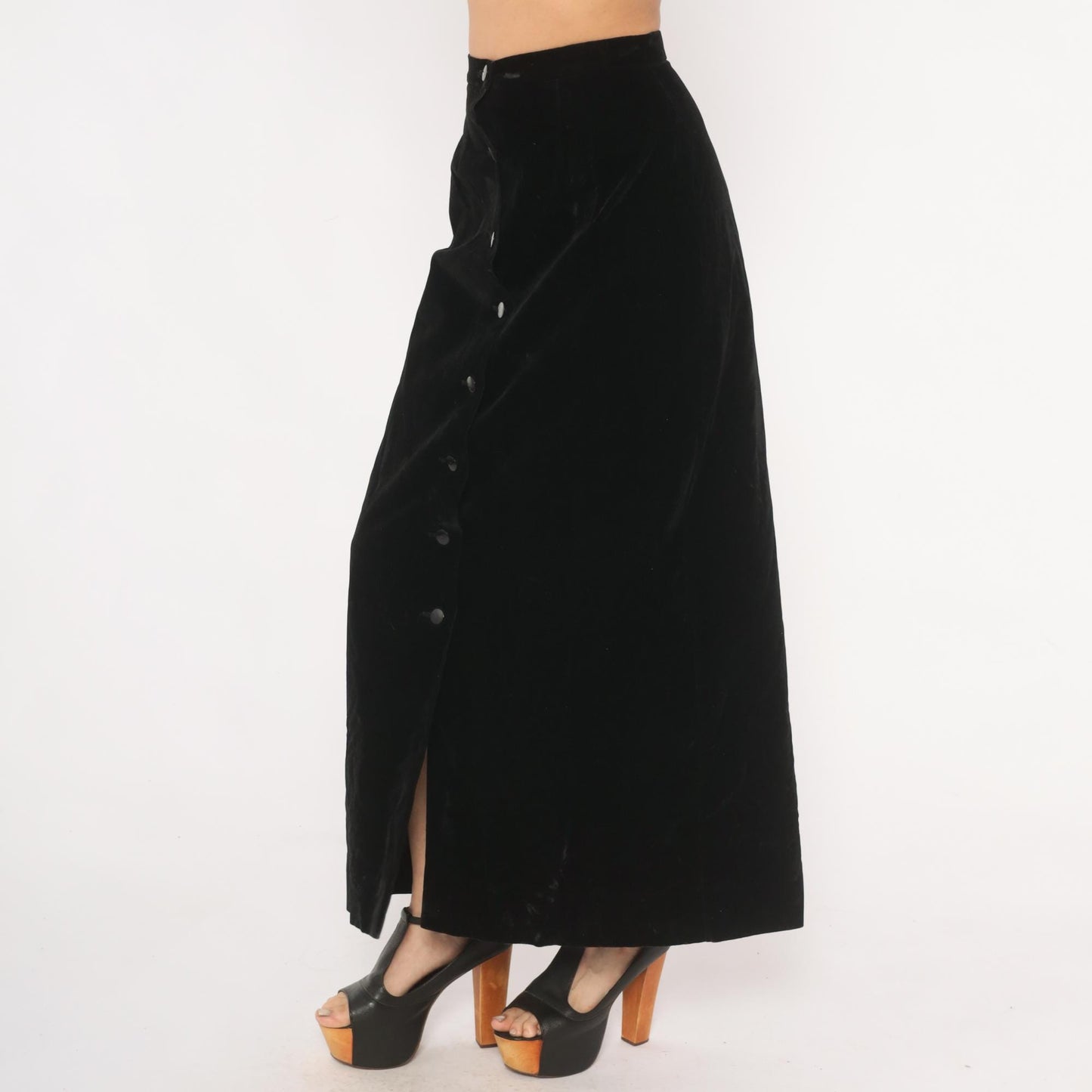 90s Black Velvet Maxi Skirt Button Front A-Line High Waist Small S