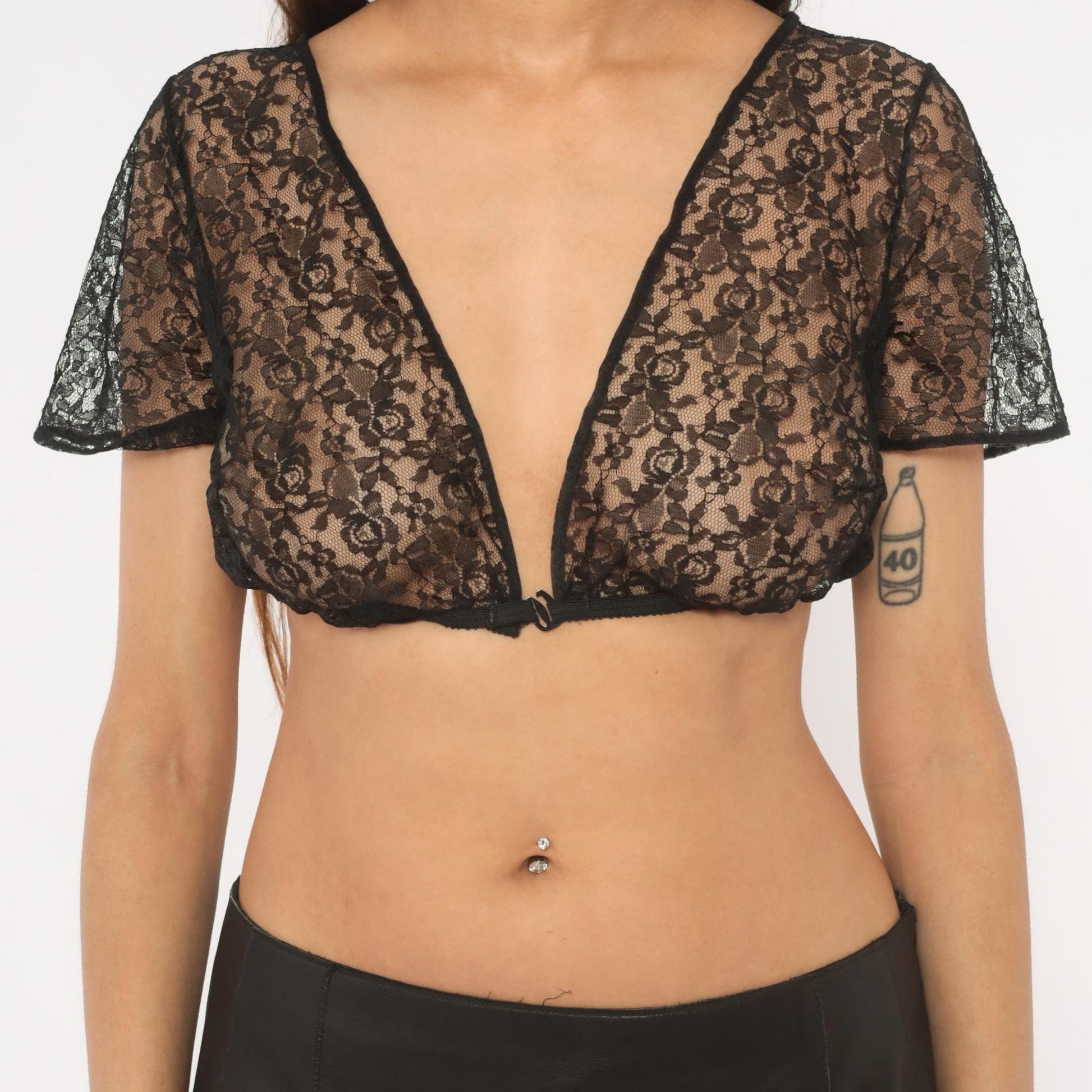 70s Kleinert's Black Lace Crop Top Deep V Floral Bralette Medium