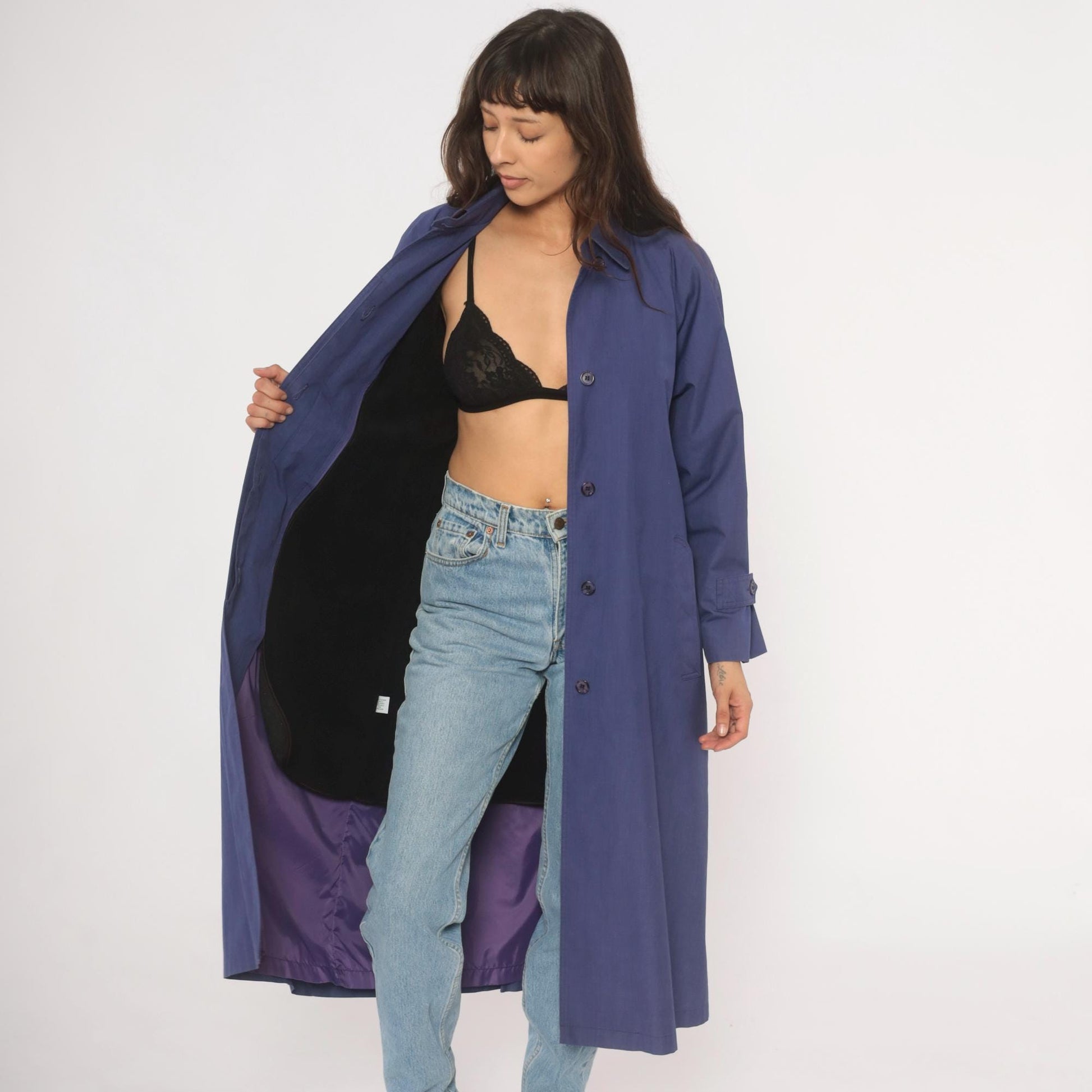 80s London Fog Periwinkle Trench Coat Cotton Midi Duster Medium M