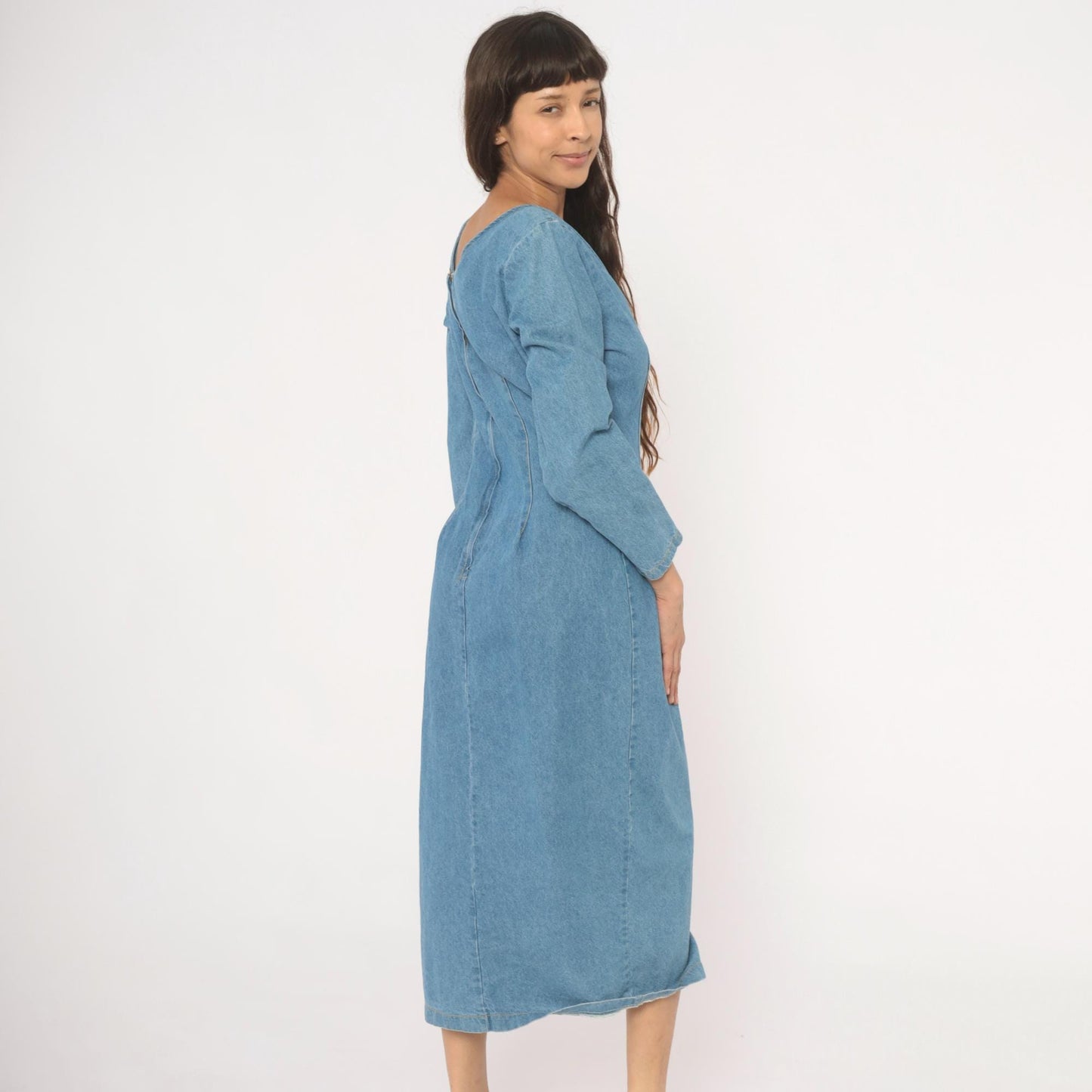 90s Switch USA Light Blue Denim Midi Dress Cotton Long Sleeve Medium M