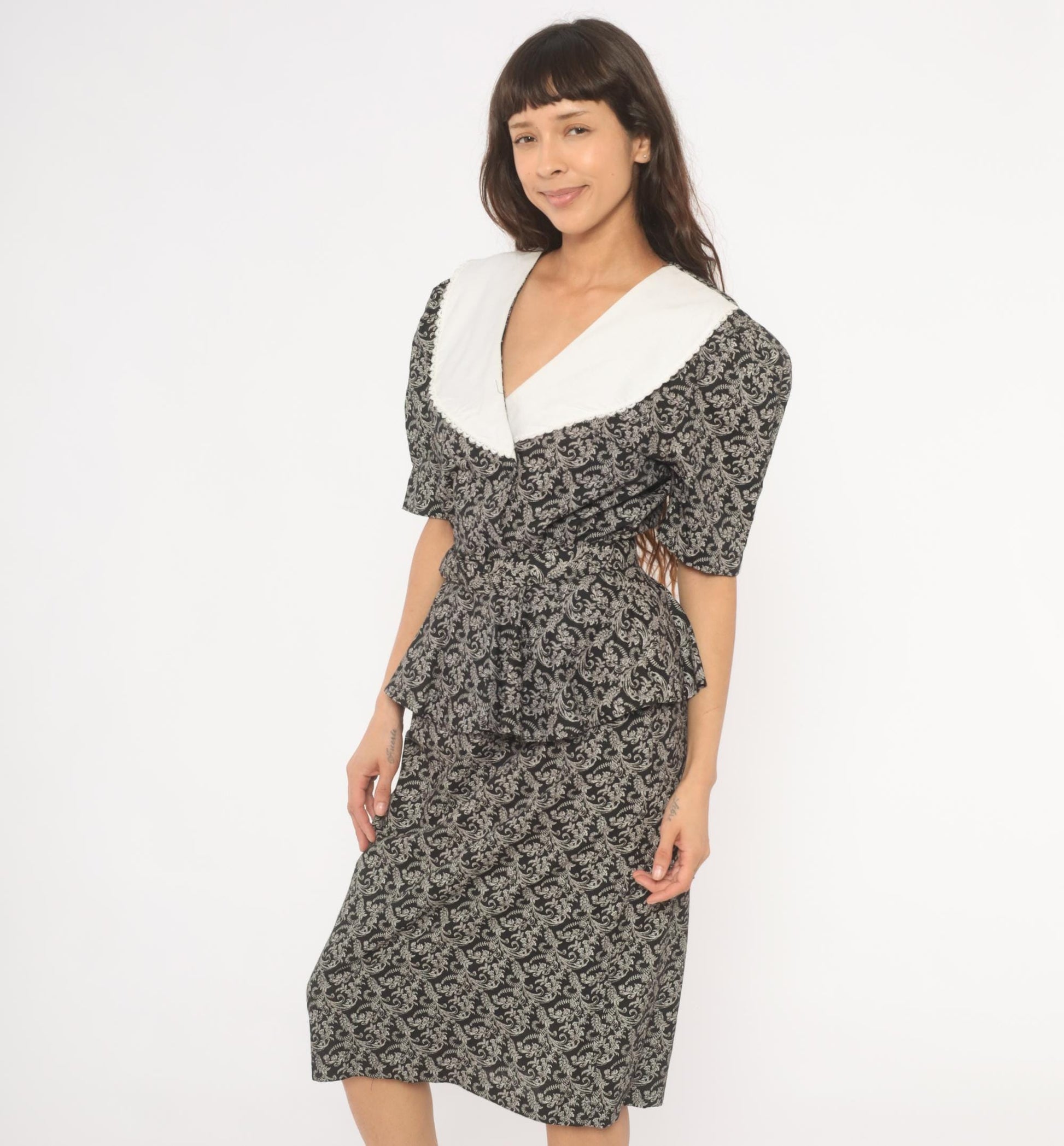 90s Miss Dorby Peplum Dress Black White Scroll Print V-Neck Puff Sleeve Large L