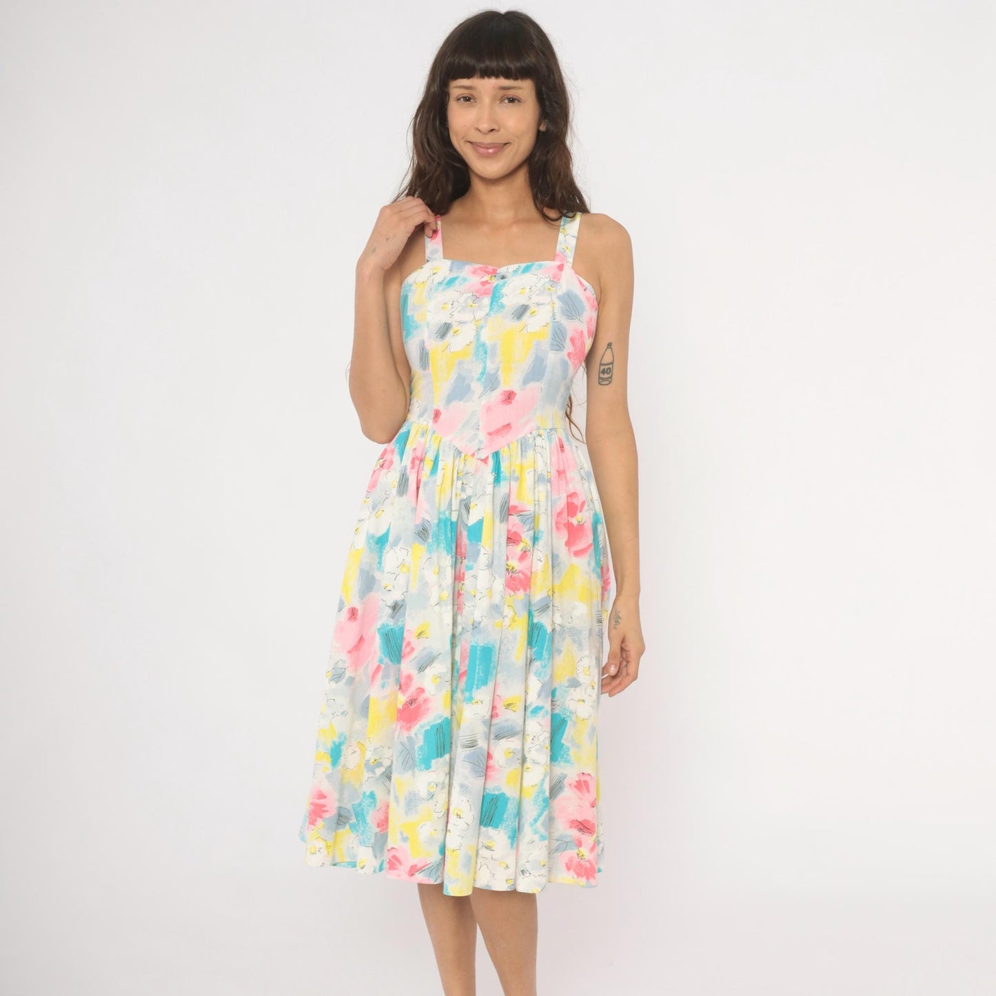 80s Pea Patch Watercolor Floral Sundress Sweetheart Basque Waist Small