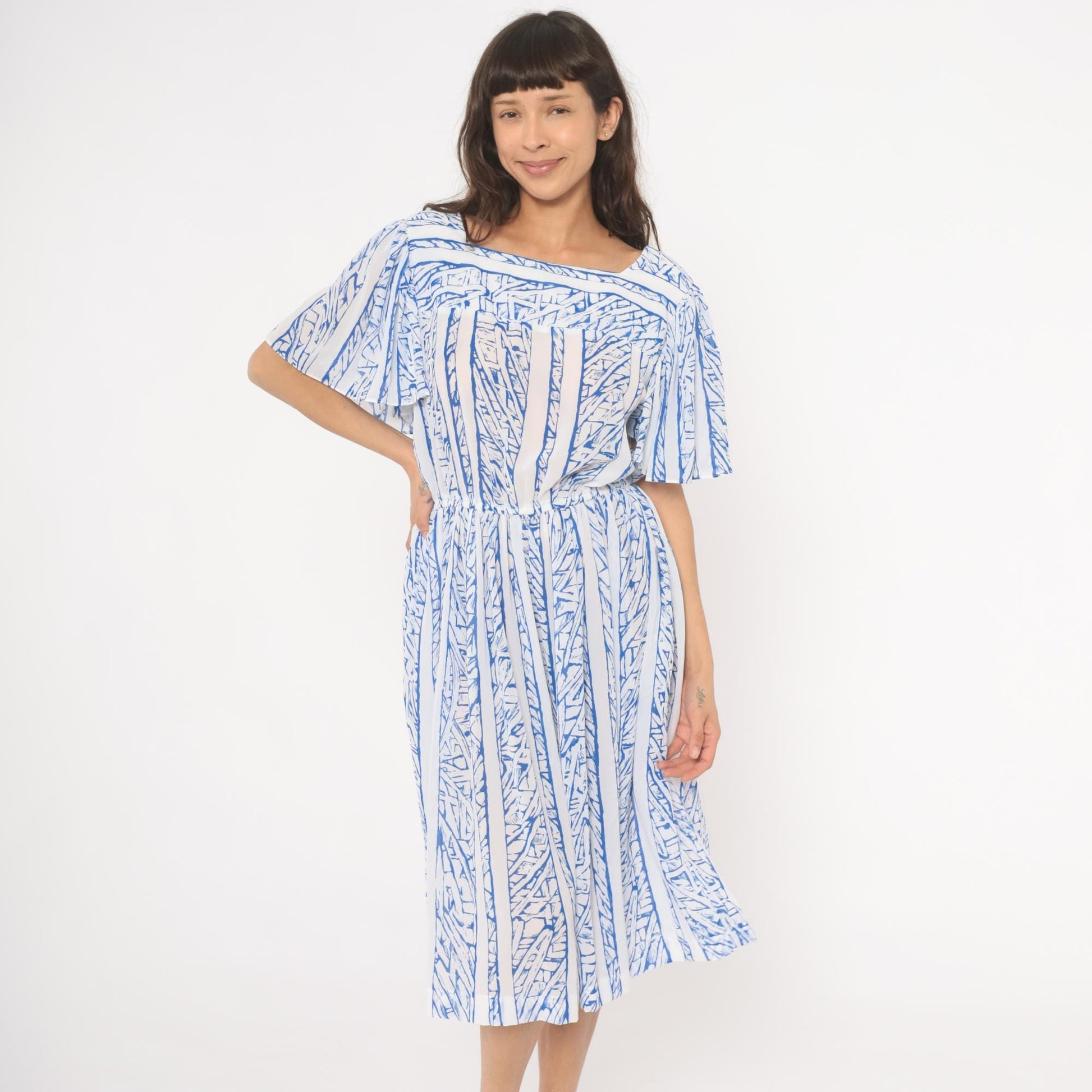 80s Top Act Abstract Stripe Dress Blue White Flutter Sleeve Knee Length Large L