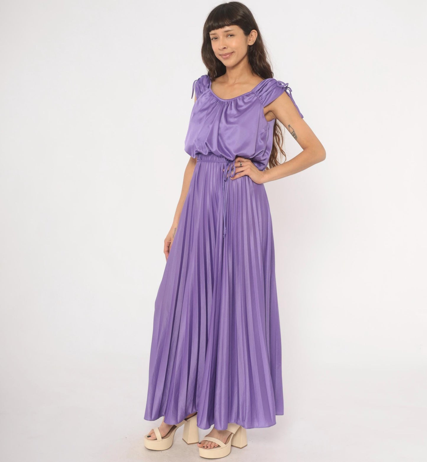 70s Lavender Pleated Maxi Dress Satin Blouson Bodice Tie Shoulder Small S