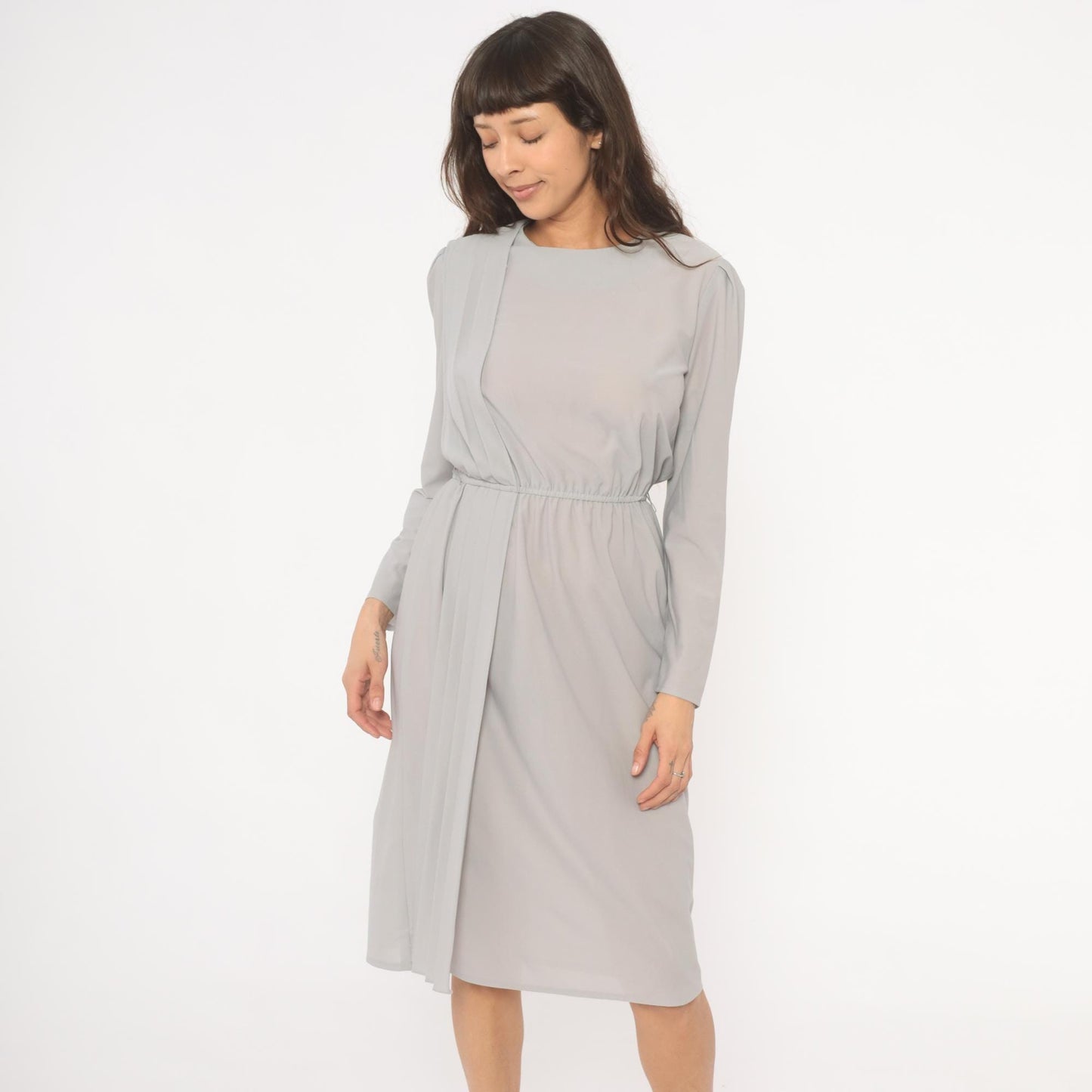 80s Grey Pleated Front Dress Pearl Button Back Long Sleeve Knee Length Small S