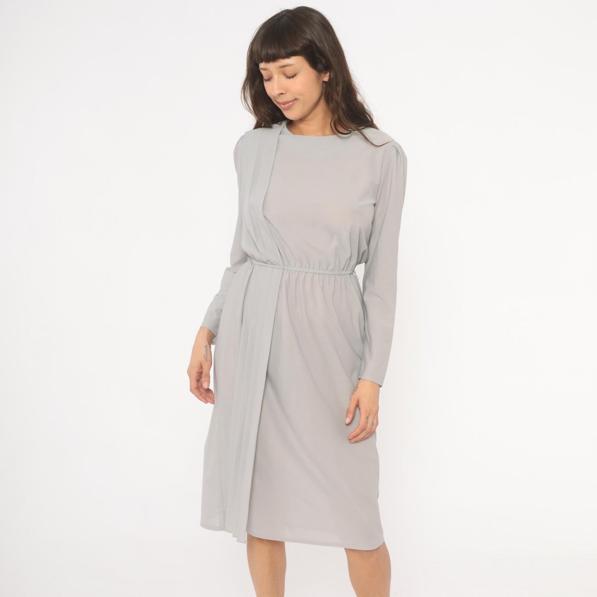 80s Grey Pleated Front Dress Pearl Button Back Long Sleeve Knee Length Small S
