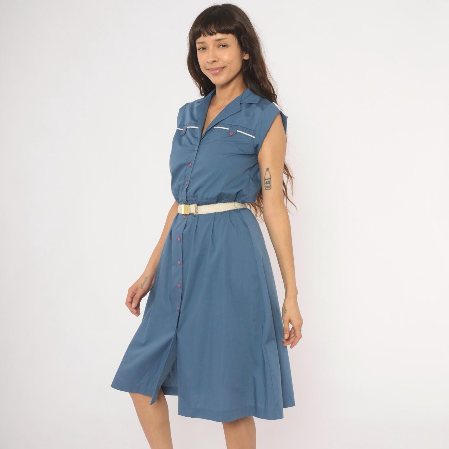 80s Slate Blue Button-Front Shirtdress Cap Sleeve Notched Collar Belted Small S