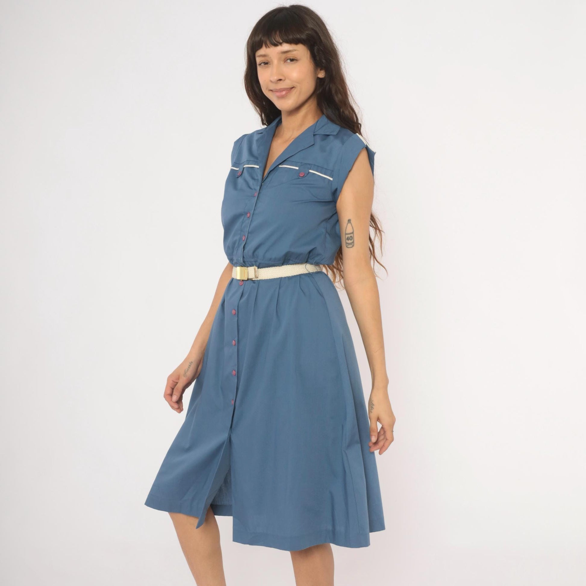 80s Slate Blue Button-Front Shirtdress Cap Sleeve Notched Collar Belted Small S