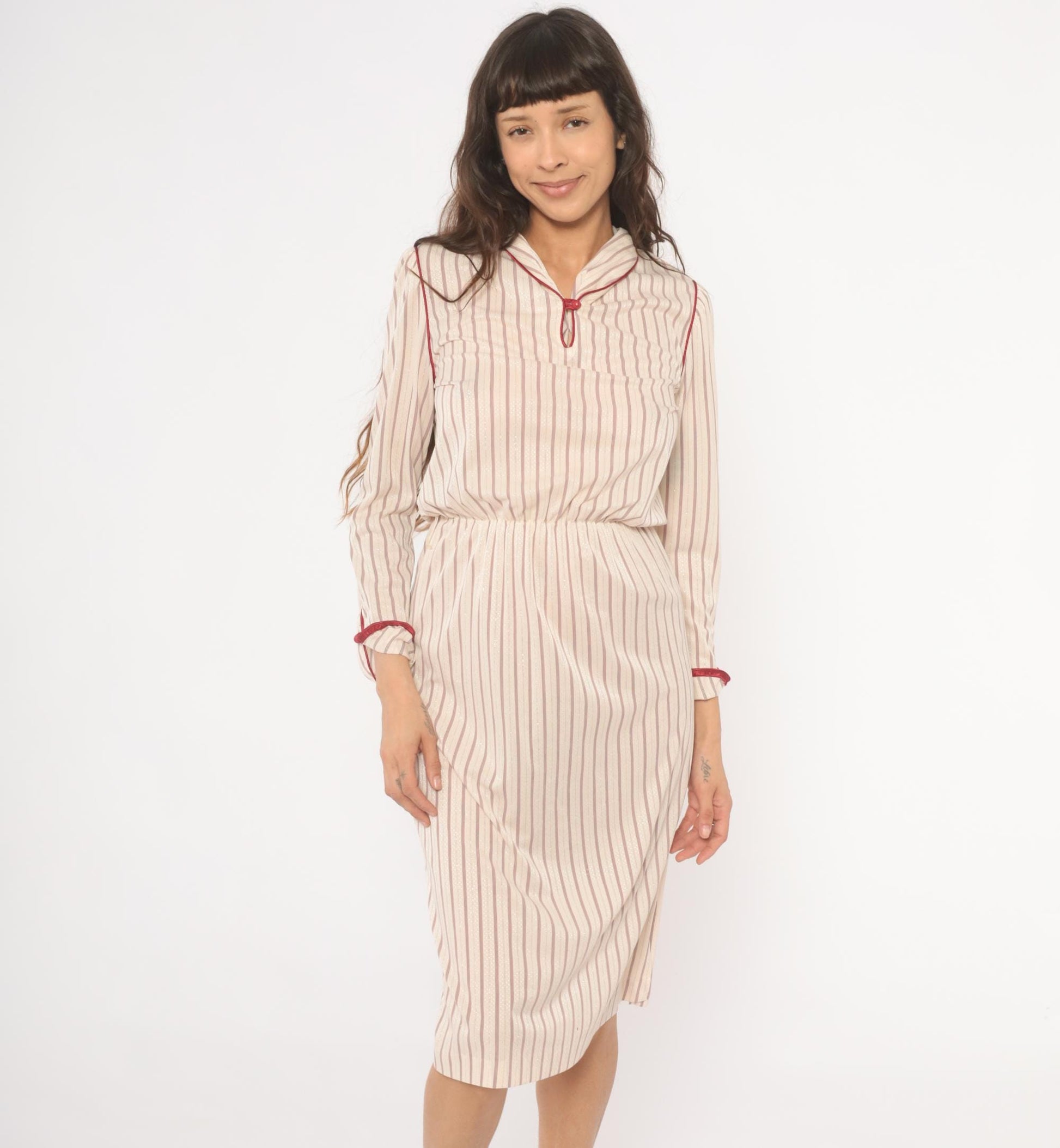80s Striped Blouson Dress Cream Burgundy Keyhole Neckline Knee Length Small S