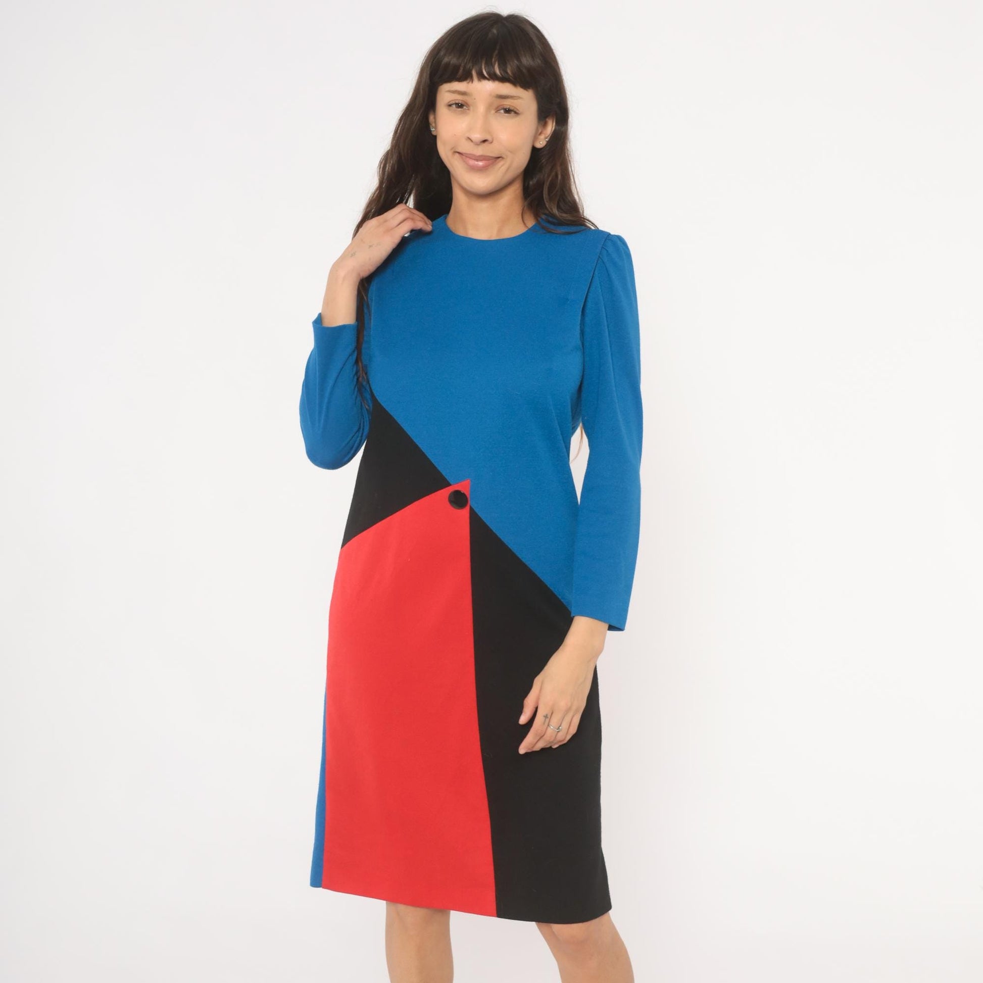 80s Leslie Fay Color Block Dress Cobalt Blue Red Black Geometric Knee Length Small S