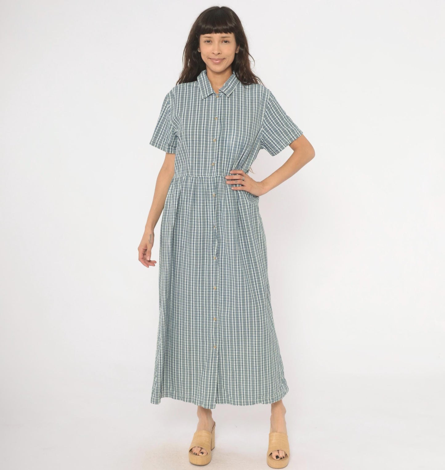 90s Studio Works Blue Plaid Cotton Maxi Shirtdress Medium