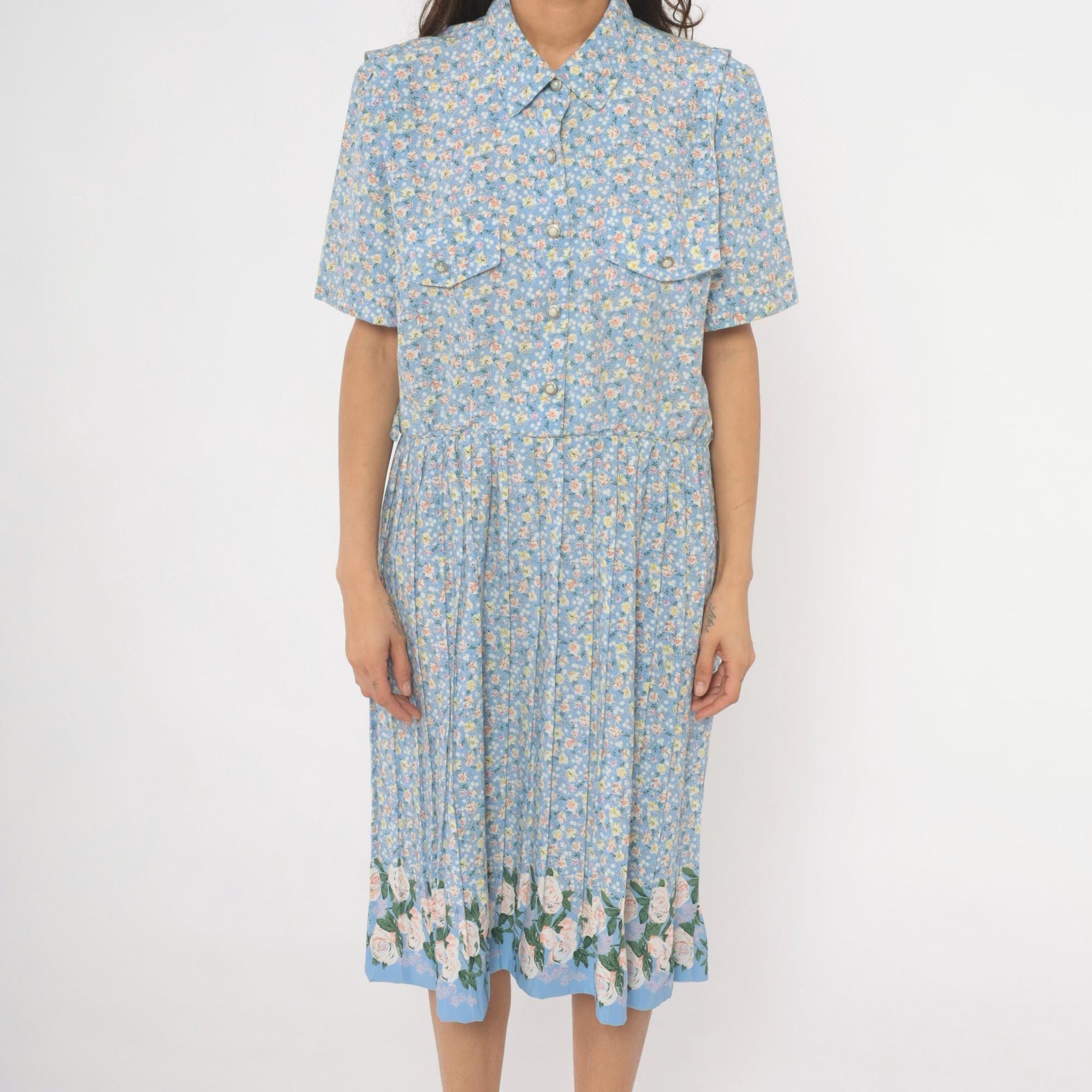 90s Breli Originals Floral Shirtdress Sky Blue Midi Pleated Skirt Large L