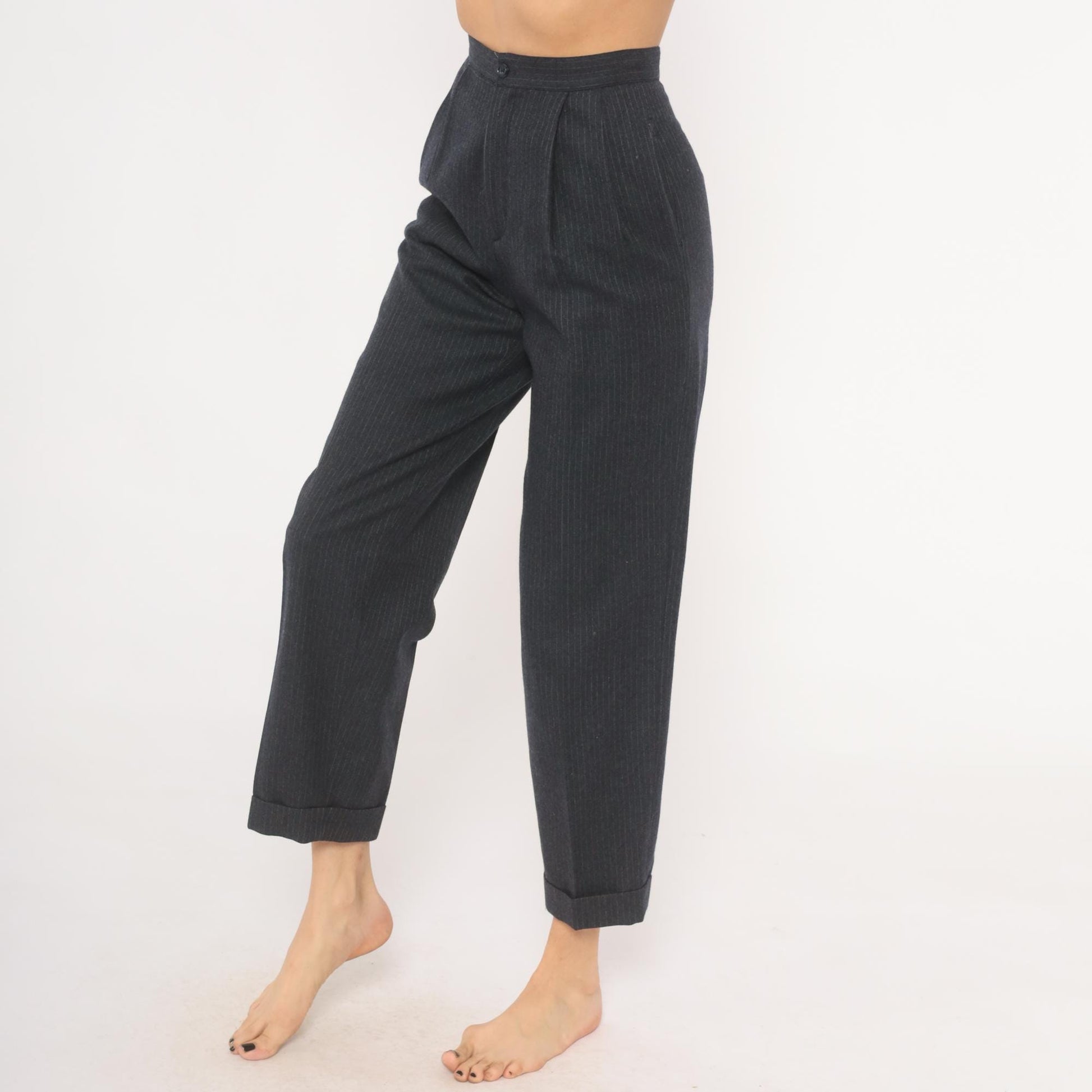 80s Preferred Stock Pinstripe Pleated Trousers Navy Wool Blend High Waist Extra Small XS