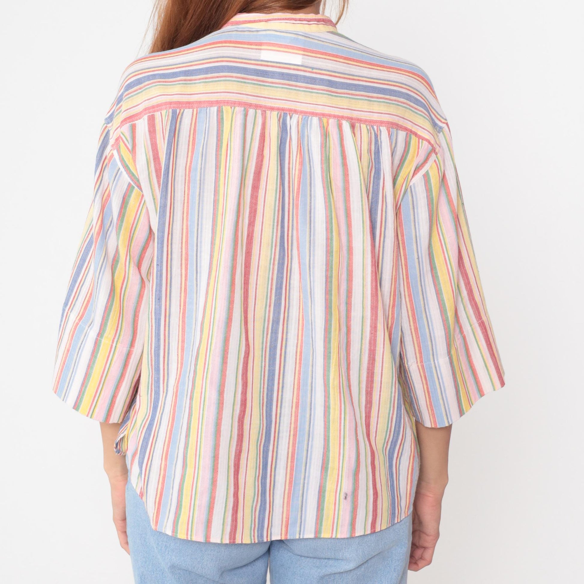 80s Lady Manhattan Rainbow Stripe Button Blouse Multicolor Cotton Medium M